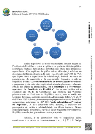 241
SENADO FEDERAL
Gabinete do Senador ANTONIO ANASTASIA
Praça dos Três Poderes – Senado Federal – Anexo II – Ala Senador Teotônio Vilela – Gabinete 23 – CEP 70165-900 – Brasília - DF
Vários dispositivos de nosso ordenamento jurídico exigem da
Presidente da República o zelo e a vigilância na gestão do dinheiro público,
no manejo e tutela dos bens jurídicos constitucionais objeto deste processo de
impeachment. Vale explicitar do gráfico acima, além dos já referidos no
decorrer deste Relatório (item 2.2.4), o art. 15 do Decreto-Lei no
200, de 1967,
que dispõe sobre a organização da Administração Federal. Ao tratar do
planejamento, do orçamento e da programação financeira, o referido
dispositivo é claro: “A ação administrativa do Poder Executivo obedecerá
a programas gerais, setoriais e regionais de duração plurianual, elaborados
através dos órgãos de planejamento, sob a orientação e a coordenação
superiores do Presidente da República”. No mesmo espírito vai o
conhecido art. 84, II, da Constituição, que positivou que “Compete
privativamente ao Presidente da República exercer, com o auxílio dos
Ministros de Estado, a direção superior da Administração federal”. O art. 40
da LDO de 2015 é claro ao prescrever que as propostas de abertura de créditos
suplementares autorizados na LOA 2015 “serão submetidas ao Presidente
da República”. A essa autoridade cabe, portanto, a avaliação dos
pressupostos de mérito e admissibilidade em última instância. Nessas
disposições legais, é inconteste, repousa o dever de garante do Presidente da
República em relação à gestão financeiro-orçamentária.
Portanto, é na combinação com os dispositivos acima
mencionados – ou mesmo na combinação com o art. 13, § 2o
, a do Código
arts. 84, XXIII,
85, VI e VII,
165, §§ 2o e
9o e 167, II e
V da CF
arts. 84, XXIII,
85, VI e VII,
165, §§ 2o e
9o e 167, II e
V da CF
arts. 1o, §1o,
36 e 73 da
LRF
arts. 1o, §1o,
36 e 73 da
LRF
arts. 10 e 11
da Lei
1.079/50
arts. 10 e 11
da Lei
1.079/50
art. 15 do
Decreto-Lei
200/67
art. 15 do
Decreto-Lei
200/67
art. 40 da
LDO/2015
art. 40 da
LDO/2015
SF/16863.10785-97385ebc387c183e20cd0438e215093776c47f6788Página:241/44102/08/201611:57:47
 