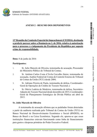 278
SENADO FEDERAL
Gabinete do Senador ANTONIO ANASTASIA
Praça dos Três Poderes – Senado Federal – Anexo II – Ala Senador Teotônio Vilela – Gabinete 23 – CEP 70165-900 – Brasília - DF
ANEXO 2 - RESUMO DOS DEPOIMENTOS
13ª Reunião da Comissão Especial do Impeachment (CEI2016), destinada
a proferir parecer sobre a Denúncia no 1, de 2016, relativa à autorização
para o processo e o julgamento da Presidente da República por suposto
crime de responsabilidade.
Data: 8 de junho de 2016
Participantes:
1. Sr. Julio Marcelo de Oliveira, testemunha de acusação, Procurador
do Ministério Público do Tribunal de Contas;
2. Sr. Antônio Carlos Costa d’Ávila Carvalho Júnior, testemunha de
acusação, Auditor Federal de Contas de Controle Externo do Tribunal
de Contas da União (TCU) desde 2004;
3. Sr. Adriano Pereira de Paula, testemunha de defesa, Coordenador-
Geral de Operações de Crédito do Tesouro Nacional; e
4. Sr. Otávio Ladeira de Medeiros, testemunha de defesa, Secretário-
Adjunto do Tesouro Nacional desde dezembro de 2015, Coordenador-
Geral de Planejamento Estratégico da Dívida Pública até abril de
2015.
Sr. Julio Marcelo de Oliveira
A testemunha de acusação afirmou que as pedaladas foram detectadas
a partir da auditoria realizada pelo Tribunal de Contas da União (TCU) no
Banco Nacional de Desenvolvimento Econômico e Social (BNDES), no
Banco do Brasil e na Caixa Econômica. Segundo ele, apurou-se que essas
instituições financeiras estavam funcionando como linha de financiamento
para gastos e despesas primárias do Poder Executivo Federal.
SF/16863.10785-97385ebc387c183e20cd0438e215093776c47f6788Página:278/44102/08/201611:57:47
 