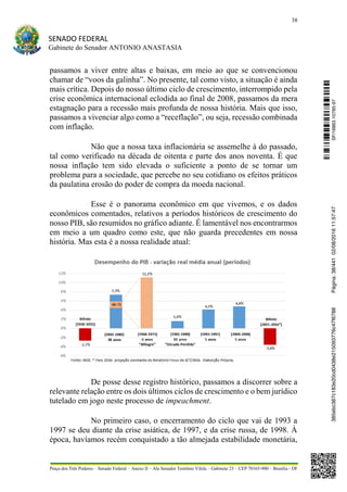 38
SENADO FEDERAL
Gabinete do Senador ANTONIO ANASTASIA
Praça dos Três Poderes – Senado Federal – Anexo II – Ala Senador Teotônio Vilela – Gabinete 23 – CEP 70165-900 – Brasília - DF
passamos a viver entre altas e baixas, em meio ao que se convencionou
chamar de “voos da galinha”. No presente, tal como visto, a situação é ainda
mais crítica. Depois do nosso último ciclo de crescimento, interrompido pela
crise econômica internacional eclodida ao final de 2008, passamos da mera
estagnação para a recessão mais profunda de nossa história. Mais que isso,
passamos a vivenciar algo como a “receflação”, ou seja, recessão combinada
com inflação.
Não que a nossa taxa inflacionária se assemelhe à do passado,
tal como verificado na década de oitenta e parte dos anos noventa. É que
nossa inflação tem sido elevada o suficiente a ponto de se tornar um
problema para a sociedade, que percebe no seu cotidiano os efeitos práticos
da paulatina erosão do poder de compra da moeda nacional.
Esse é o panorama econômico em que vivemos, e os dados
econômicos comentados, relativos a períodos históricos de crescimento do
nosso PIB, são resumidos no gráfico adiante. É lamentável nos encontrarmos
em meio a um quadro como este, que não guarda precedentes em nossa
história. Mas esta é a nossa realidade atual:
De posse desse registro histórico, passamos a discorrer sobre a
relevante relação entre os dois últimos ciclos de crescimento e o bem jurídico
tutelado em jogo neste processo de impeachment.
No primeiro caso, o encerramento do ciclo que vai de 1993 a
1997 se deu diante da crise asiática, de 1997, e da crise russa, de 1998. À
época, havíamos recém conquistado a tão almejada estabilidade monetária,
SF/16863.10785-97385ebc387c183e20cd0438e215093776c47f6788Página:38/44102/08/201611:57:47
 
