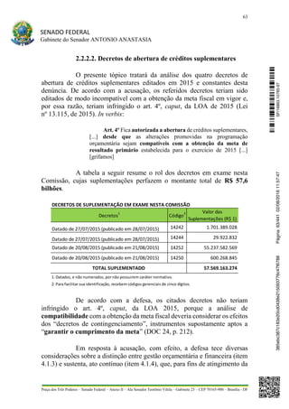 63
SENADO FEDERAL
Gabinete do Senador ANTONIO ANASTASIA
Praça dos Três Poderes – Senado Federal – Anexo II – Ala Senador Teotônio Vilela – Gabinete 23 – CEP 70165-900 – Brasília - DF
2.2.2.2. Decretos de abertura de créditos suplementares
O presente tópico tratará da análise dos quatro decretos de
abertura de créditos suplementares editados em 2015 e constantes desta
denúncia. De acordo com a acusação, os referidos decretos teriam sido
editados de modo incompatível com a obtenção da meta fiscal em vigor e,
por essa razão, teriam infringido o art. 4º, caput, da LOA de 2015 (Lei
nº 13.115, de 2015). In verbis:
Art. 4º Fica autorizada a abertura de créditos suplementares,
[...] desde que as alterações promovidas na programação
orçamentária sejam compatíveis com a obtenção da meta de
resultado primário estabelecida para o exercício de 2015 [...]
[grifamos]
A tabela a seguir resume o rol dos decretos em exame nesta
Comissão, cujas suplementações perfazem o montante total de R$ 57,6
bilhões.
De acordo com a defesa, os citados decretos não teriam
infringido o art. 4º, caput, da LOA 2015, porque a análise de
compatibilidade com a obtenção da meta fiscal deveria considerar os efeitos
dos “decretos de contingenciamento”, instrumentos supostamente aptos a
“garantir o cumprimento da meta” (DOC 24, p. 212).
Em resposta à acusação, com efeito, a defesa tece diversas
considerações sobre a distinção entre gestão orçamentária e financeira (item
4.1.3) e sustenta, ato contínuo (item 4.1.4), que, para fins de atingimento da
DECRETOS DE SUPLEMENTAÇÃO EM EXAME NESTA COMISSÃO
Datado de 27/07/2015 (publicado em 28/07/2015) 14242 1.701.389.028
Datado de 27/07/2015 (publicado em 28/07/2015) 14244 29.922.832
Datado de 20/08/2015 (publicado em 21/08/2015) 14252 55.237.582.569
Datado de 20/08/2015 (publicado em 21/08/2015) 14250 600.268.845
57.569.163.274
1. Datados, e não numerados, por não possuirem caráter normativo.
2. Para facilitar sua identificação, recebem códigos gerenciais de cinco dígitos.
Decretos
1
Código
2
TOTAL SUPLEMENTADO
Valor das
Suplementações (R$ 1)
SF/16863.10785-97385ebc387c183e20cd0438e215093776c47f6788Página:63/44102/08/201611:57:47
 