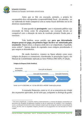 66
SENADO FEDERAL
Gabinete do Senador ANTONIO ANASTASIA
Praça dos Três Poderes – Senado Federal – Anexo II – Ala Senador Teotônio Vilela – Gabinete 23 – CEP 70165-900 – Brasília - DF
Antes que se fale em execução, portanto, a própria lei
orçamentária deve salvaguardar a responsabilidade fiscal – de antemão – ao
ser elaborada de modo compatível com as metas fiscais definidas em lei de
diretrizes orçamentárias.
É uma questão de pressuposto: caso o orçamento público seja
executado da forma como foi programado, sua execução deverá ser
compatível com a obtenção da meta de resultado primário fixada para o
exercício.
Vale lembrar, nesse sentido, que para que determinada
despesa possa ser paga, em primeiro lugar ela deve ser autorizada pelo
orçamento. Depois disso, a despesa ainda deve ser empenhada e liquidada,
nesta ordem15
. Apenas depois de esgotados esses estágios preordenados é
que surgem os desembolsos.
De modo ilustrativo, vejamos na figura adiante como esses
estágios da despesa se comunicam, consideradas as prescrições legais e do
Manual de Contabilidade Aplicada ao Setor Público (MCASP), 6ª edição.
A execução financeira, como se vê, só se concretiza em virtude
dos orçamentos aprovados, de tal sorte que, conquanto se distinga da gestão
15
De forma simplificada, o empenho implica comprometimento e consumo de dotação orçamentária em
decorrência de obrigação de pagamento, pendente ou não de implemento de condição. Com a liquidação,
ocorre a verificação do direito do credor, mediante comprovação da entrega de material ou da prestação de
serviço. Por fim, uma vez liquidada a despesa, procede-se ao seu pagamento ou à sua inscrição em “restos
a pagar”.
Estágios da Despesa (Visão Sintética)
Fonte: Lei nº 4.320/1964, art. 112 da LDO 2015 e MCASP. Elaboração prórpia.
Fixação Empenho Liquidação Pagamento
Autorização
da Despesa
Execução da Despesa
Execução Orçamentária Execução Financeira
SF/16863.10785-97385ebc387c183e20cd0438e215093776c47f6788Página:66/44102/08/201611:57:47
 