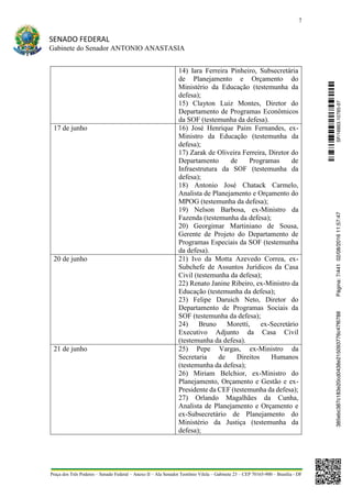 7
SENADO FEDERAL
Gabinete do Senador ANTONIO ANASTASIA
Praça dos Três Poderes – Senado Federal – Anexo II – Ala Senador Teotônio Vilela – Gabinete 23 – CEP 70165-900 – Brasília - DF
14) Iara Ferreira Pinheiro, Subsecretária
de Planejamento e Orçamento do
Ministério da Educação (testemunha da
defesa);
15) Clayton Luiz Montes, Diretor do
Departamento de Programas Econômicos
da SOF (testemunha da defesa).
17 de junho 16) José Henrique Paim Fernandes, ex-
Ministro da Educação (testemunha da
defesa);
17) Zarak de Oliveira Ferreira, Diretor do
Departamento de Programas de
Infraestrutura da SOF (testemunha da
defesa);
18) Antonio José Chatack Carmelo,
Analista de Planejamento e Orçamento do
MPOG (testemunha da defesa);
19) Nelson Barbosa, ex-Ministro da
Fazenda (testemunha da defesa);
20) Georgimar Martiniano de Sousa,
Gerente de Projeto do Departamento de
Programas Especiais da SOF (testemunha
da defesa).
20 de junho 21) Ivo da Motta Azevedo Correa, ex-
Subchefe de Assuntos Jurídicos da Casa
Civil (testemunha da defesa);
22) Renato Janine Ribeiro, ex-Ministro da
Educação (testemunha da defesa);
23) Felipe Daruich Neto, Diretor do
Departamento de Programas Sociais da
SOF (testemunha da defesa);
24) Bruno Moretti, ex-Secretário
Executivo Adjunto da Casa Civil
(testemunha da defesa).
21 de junho 25) Pepe Vargas, ex-Ministro da
Secretaria de Direitos Humanos
(testemunha da defesa);
26) Miriam Belchior, ex-Ministro do
Planejamento, Orçamento e Gestão e ex-
Presidente da CEF (testemunha da defesa);
27) Orlando Magalhães da Cunha,
Analista de Planejamento e Orçamento e
ex-Subsecretário de Planejamento do
Ministério da Justiça (testemunha da
defesa);
SF/16863.10785-97385ebc387c183e20cd0438e215093776c47f6788Página:7/44102/08/201611:57:47
 