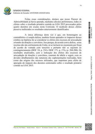 74
SENADO FEDERAL
Gabinete do Senador ANTONIO ANASTASIA
Praça dos Três Poderes – Senado Federal – Anexo II – Ala Senador Teotônio Vilela – Gabinete 23 – CEP 70165-900 – Brasília - DF
Feitas essas considerações, destaco que nosso Parecer de
Admissibilidade já havia apurado, mediante cálculos preliminares, todos os
efeitos sobre o resultado primário contido na LOA 2015 provocados pelos
quatro decretos em exame nesta Comissão. O recálculo desses efeitos
preserva inalterados os resultados anteriormente identificados.
A única diferença desta vez é que, em homenagem ao
contraditório e à ampla defesa, também foram apurados os impactos desses
créditos na hipótese de se considerar os efeitos dos excessos de arrecadação
oriundos de doações e convênios. Isso porque, de acordo com a defesa, essas
receitas não são estritamente da União, só se incluem no orçamento por força
de acordo de vontade com terceiros e portanto não se sujeitam ao
contingenciamento (DOC 24, p. 234 e DOC 171, p. 174 e p. 204-208). Os
resultados atualizados, com a indicação dos efeitos dos excessos de
arrecadação de doações e convênios, constam da tabela a seguir, com os
devidos detalhamentos das naturezas das suplementações realizadas, bem
como das origens dos recursos utilizados, que importam para efeito de
apuração do impacto dos decretos contestados sobre o resultado primário
contido na LOA 2015.
SF/16863.10785-97385ebc387c183e20cd0438e215093776c47f6788Página:74/44102/08/201611:57:47
 