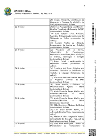 8
SENADO FEDERAL
Gabinete do Senador ANTONIO ANASTASIA
Praça dos Três Poderes – Senado Federal – Anexo II – Ala Senador Teotônio Vilela – Gabinete 23 – CEP 70165-900 – Brasília - DF
28) Marcelo Minghelli, Coordenador de
Orçamento e Finanças do Ministério da
Justiça (testemunha da defesa).
22 de junho 29) Robson Azevedo Rung, Coordenador-
Geral de Tecnologia e Informação da SOF
(testemunha da defesa);
30) Luiz Antonio Souza Cordeiro,
Secretário de Organização Institucional do
Ministério da Defesa (testemunha da
defesa);
31) Luciano Carlos de Almeida,
Representante da Justiça do Trabalho
(testemunha da defesa).
23 de junho 32) Anderson Lozi da Rocha,
Subsecretário de Planejamento,
Orçamento e Administração do Ministério
da Ciência, Tecnologia e Inovação
(testemunha da defesa);
33) Esther Dweck – ex-Secretária de
Orçamento Federal (testemunha da
defesa).
24 de junho 34) Francisco José Pontes Ibiapina, ex-
Secretário Executivo do Ministério do
Trabalho e Emprego (testemunha da
defesa);
35) Marcos de Oliveira Ferreira, Diretor
de Programas Especiais da SOF
(testemunha da defesa).
27 de junho 36) Patrus Ananias, ex-Ministro do
Desenvolvimento Agrário – MDA
(testemunha da defesa);
37) Maria Fernanda Ramos Coelho, ex-
Secretária-Executiva do MDA
(testemunha da defesa).
28 de junho 37) Maria Fernanda Ramos Coelho, ex-
Secretária-Executiva do MDA
(continuação da oitiva);
38) Aldo Rebelo, ex-Ministro da Defesa
(testemunha da defesa);
39) Luís Inácio Lucena Adams, ex-
Advogado-Geral da União (testemunha da
defesa);
40) Antônio Carlos Stangherlin Rebelo,
representante do Conselho Nacional de
Justiça (testemunha da defesa).
29 de junho 41) João Luiz Guadagnin, Diretor do
Departamento de Financiamento e
SF/16863.10785-97385ebc387c183e20cd0438e215093776c47f6788Página:8/44102/08/201611:57:47
 