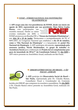 15
 FONIF – FÓRUM NACIONAL DAS INSTITUIÇÕES
FILANTRÓPICAS
A APF ocupa uma das vice-presidências do FONIF, desde seu início em
agosto de 2013, representada por sua presidente, Dora Silvia Cunha
Bueno, com participações nas
reuniões mensais. Dentre os vários
eventos realizados em 2018, o
FONIF promoveu em Brasília/DF, o “Fórum das Entidades Filantrópicas”,
nos dias 18 e 19 de junho. Destacamos o acompanhamento do PL nº
8697/2017, no Congresso Nacional que estabelece o dia 20 de outubro,
como o “Dia Nacional da Filantropia” e o lançamento do portal Dia
Nacional da Filantropia. A APF participou ativamente, representada pela
assessora jurídica, Nicole Hoedemaker, do grupo de trabalho da
Assistência Social para a elaboração do Projeto da Lei complementar para
gozo da imunidade do 195 § 7º da Constituição Federal. No dia 23/03 a
APF esteve presente na Assembleia Anual, realizada em São Paulo.
 OBSERVATÓRIO SOCIAL DO BRASIL – S ÃO
PAULO – (OSB-SP)
A APF participa do Observatório Social do Brasil –
São Paulo, representada pelo Dr. Cláudio Ramos,
Conselheiro Fiscal e Coordenador da Comissão
Jurídica do OSB-SP, que comparece às reuniões e assembleias. No dia 28/03,
o Dr. Cláudio Ramos esteve presente na Assembleia Geral, realizada em
São Paulo.
 