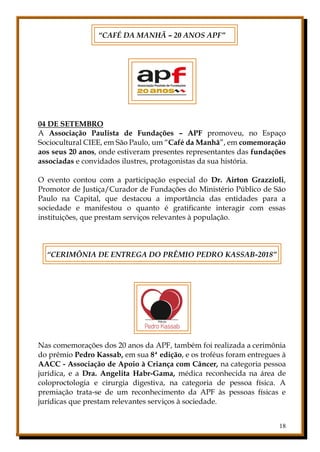 18
“CAFÉ DA MANHÃ – 20 ANOS APF”
04 DE SETEMBRO
A Associação Paulista de Fundações – APF promoveu, no Espaço
Sociocultural CIEE, em São Paulo, um “Café da Manhã”, em comemoração
aos seus 20 anos, onde estiveram presentes representantes das fundações
associadas e convidados ilustres, protagonistas da sua história.
O evento contou com a participação especial do Dr. Airton Grazzioli,
Promotor de Justiça/Curador de Fundações do Ministério Público de São
Paulo na Capital, que destacou a importância das entidades para a
sociedade e manifestou o quanto é gratificante interagir com essas
instituições, que prestam serviços relevantes à população.
“CERIMÔNIA DE ENTREGA DO PRÊMIO PEDRO KASSAB-2018”
Nas comemorações dos 20 anos da APF, também foi realizada a cerimônia
do prêmio Pedro Kassab, em sua 8ª edição, e os troféus foram entregues à
AACC - Associação de Apoio à Criança com Câncer, na categoria pessoa
jurídica, e a Dra. Angelita Habr-Gama, médica reconhecida na área de
coloproctologia e cirurgia digestiva, na categoria de pessoa física. A
premiação trata-se de um reconhecimento da APF às pessoas físicas e
jurídicas que prestam relevantes serviços à sociedade.
 