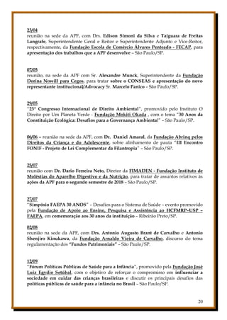 20
23/04
reunião na sede da APF, com Drs. Edison Simoni da Silva e Taiguara de Freitas
Langrafe, Superintendente Geral e Reitor e Superintendente Adjunto e Vice-Reitor,
respectivamente, da Fundação Escola de Comércio Álvares Penteado - FECAP, para
apresentação dos trabalhos que a APF desenvolve – São Paulo/SP.
07/05
reunião, na sede da APF com Sr. Alexandre Munck, Superintendente da Fundação
Dorina Nowill para Cegos, para tratar sobre o CONSEAS e apresentação do novo
representante institucional/Advocacy Sr. Marcelo Panico – São Paulo/SP.
29/05
“23º Congresso Internacional de Direito Ambiental”, promovido pelo Instituto O
Direito por Um Planeta Verde - Fundação Mokiti Okada , com o tema “30 Anos da
Constituição Ecológica: Desafios para a Governança Ambiental” – São Paulo/SP.
06/06 – reunião na sede da APF, com Dr. Daniel Amaral, da Fundação Abrinq pelos
Direitos da Criança e do Adolescente, sobre alinhamento de pauta “III Encontro
FONIF - Projeto de Lei Complementar da Filantropia” – São Paulo/SP.
25/07
reunião com Dr. Dario Ferreira Neto, Diretor da FIMADEN - Fundação Instituto de
Moléstias do Aparelho Digestivo e da Nutrição, para tratar de assuntos relativos às
ações da APF para o segundo semestre de 2018 – São Paulo/SP.
27/07
“Simpósio FAEPA 30 ANOS” – Desafios para o Sistema de Saúde – evento promovido
pela Fundação de Apoio ao Ensino, Pesquisa e Assistência ao HCFMRP–USP –
FAEPA, em comemoração aos 30 anos da instituição – Ribeirão Preto/SP.
02/08
reunião na sede da APF, com Drs. Antonio Augusto Brant de Carvalho e Antonio
Shenjiro Kinukawa, da Fundação Arnaldo Vieira de Carvalho, discurso do tema
regulamentação dos “Fundos Patrimoniais” – São Paulo/SP.
12/09
“Fórum Políticas Públicas de Saúde para a Infância”, promovido pela Fundação José
Luiz Egydio Setúbal, com o objetivo de reforçar o compromisso em influenciar a
sociedade em cuidar das crianças brasileiras e discutir os principais desafios das
políticas públicas de saúde para a infância no Brasil – São Paulo/SP.
 