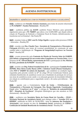 24
AGENDA INSTITUCIONAL
REUNIÕES E AUDIÊNCIAS COM OS PODERES EXECUTIVO E LEGISLATIVO
07/02 – audiência com Senador Antonio Anastasia, para tratar de assunto relacionado
ao PL 8.694/2017 - Fundos Patrimoniais – Brasília/DF.
26/02 – audiência pública na ALESP, auditório Franco Montoro, para apresentar
argumentos para que o PL 718/2017, que altera a Lei 12.685/2007, que dispõe sobre a
criação do Programa de Estímulo a Cidadania Fiscal do Estado, definitivamente, se
transforme em Lei Estadual – São Paulo/SP.
06/03 – reunião/visita ao MEC com Dr. Felipe Sigollo e equipe sobre processos CEBAS
– associadas – Brasília/DF.
07/03 – reunião com Dra. Claudia Taya - Secretária de Transparência e Prevenção da
Corrupção (C.G.U.), para tratar de eventual possibilidade de construção de uma
cartilha sobre a implantação do “Programa de Integridade/Compliance no Terceiro
Setor”– Brasília/DF.
05/04 – evento promovido pela Comissão do Direito do Terceiro Setor da OAB/DF,
para definir a programação de um evento sobre Compliance no Terceiro Setor, com a
presença do Sr. Edward Borba, representante da CGU e participação da Sra. Mariana
de Góes, presidente da FUNP/DF – Brasília/DF.
12/05 – reunião com Dep. Federal Arnaldo Faria de Sá – participações Custódio Pereira
(FONIF), Dora Silvia Cunha Bueno (APF) e Ednilson Guioti (Paraná Fundações) –
sobre PLP nº 433/2017 de autoria do deputado – que estabelece as condições legais,
requeridas pelo preceito contido no §7º do artigo 195 da Constituição Federal, para
entidades beneficentes de assistência social com a finalidade de prestação de serviços
nas áreas de assistência social, saúde e ou educação gozarem da imunidade tributária
em relação às contribuições para a seguridade social; e dá outras providências - São
Paulo/SP.
05/06 – agenda com a Controladoria Geral da União – CGU/Secretaria de
Transparência e Prevenção da Corrupção, Dra. Renata Figueiredo, Coordenadora
Geral, sobre “Compliance no 3º setor” e entrega do “Relatório de sustentabilidade
2017 - Hospitais de Excelência” (Hospitais filantrópicos que não atendem ao SUS
diretamente) – Brasília/DF.
05/06 – audiência com Secretária Maria do Carmo Brant de Carvalho – SNAS –
Secretaria Nacional de Assistência Social, para dialogar sobre o “Acordão TCU no.
823/2018”, publicado no DOU de 30/04/2018 - tema de interesse das Fundações e
Associações, com atuação na área da Assistência Social, portadoras do CEBAS –
Certificado de Entidade Beneficente de Assistência Social – Brasília/DF.
 