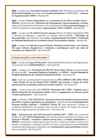 25
05/06 – reunião com o Secretário Executivo Adjunto/MEC Ministério da Educação, Dr.
Felipe Sartori Sigollo, para tratar sobre fundos patrimoniais e SERES/MEC – comissão
de regulamentação CEBAS – Brasília/DF.
30/07 – reunião Técnica Preparatória para construção do elo OSCs na Rede Siconv –
MROSC, promovida pelo Ministério do Planejamento, Desenvolvimento e Gestão,
Depto.de Transferências Voluntarias, com a participação da Dra. Janaina Rodrigues, do
COVAC Sociedade de Advogados, representando a APF e CEBRAF – Brasília/DF.
08/08 – reunião com Dr. Michel Zanoni Camargo, Diretor de Política Regulatória–DPR
/ Secretaria de Regulação e Supervisão da Educação Superior-SERES / Ministério da
Educação-MEC, para abordar o tema sobre a regulamentação do CEBAS – Certificado
de Entidade Beneficente de Assistência Social, das fundações filiadas – Brasília/DF.
09/08 – reunião com Orlando Correa da Paixão, Prefeitura de São Paulo, sobre Portaria
112, para elaborar diagnósticos e estruturar a participação social por meio de
Conselhos na cidade de SP – São Paulo/SP.
INTERLOCUÇÕES COM PARCEIROS
06/02 – reunião do Grupo de Discussão - Sustentabilidade Econômica das Organizações
da Sociedade Civil (GIFE/CPJA/FGV) – São Paulo/SP.
15/03 – reunião com a Presidente do CRC-SP, Marcia Ruiz Alcazar, para apresentação
das ações da APF – Associação Paulista de Fundações e do FEBAS – Fórum Municipal de
Entidades Beneficentes de Assistência Social de São Paulo – São Paulo/SP.
16/03 – Call com a participação de representantes da APF, CEBRAF, GIFE, IDIS e PLKC
- sobre Projeto de Lei da Câmara (PLC) 158/2017 que permite a criação de fundo
patrimonial nas instituições federais de ensino superior – São Paulo/SP.
03/04 – evento promovido pelo CIVI-CO, Humanitas 360 e IDIS – Instituto para o
Desenvolvimento do Investimento Social, debate e engajamento no advocacy pelos
“fundos patrimoniais” – São Paulo/SP.
16/04 – workshop “OSC EM PAUTA - Incentivos fiscais de doações de pessoas físicas
para OSCs: aspectos regulatórios e socioculturais”, promovido pela Coordenadoria de
Pesquisa Jurídica Aplicada – CPJA/FGV Direito SP, para apresentar e debater os
resultados preliminares da pesquisa sobre incentivos fiscais de doações de pessoas
físicas para organizações da sociedade civil – São Paulo/SP.
03/05 – entrevista para web série do projeto Sustenta OSC – GIFE, com a assessora
jurídica da APF, Nicole Hoedemaker, que abordou temas específicos do projeto, que
incluem o ITCMD, o incentivo à doação pessoa física, os fundos patrimoniais e o
MROSC, mostrando o amplo espectro que envolve a cultura de doação no país e seus
desafios na legislação, e também o quanto isso afeta a capacidade de sustentabilidade
econômica das organizações. Questões como transparência e governabilidade também
foram abordadas – São Paulo/SP.
 