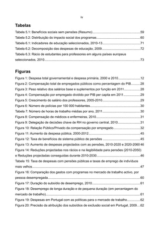 iv

Tabelas
Tabela 5.1: Benefícios sociais sem pensões (Resumo)......................................................59
Tabela 5.2: Distribuição do impacto social dos programas.................................................60
Tabela 6.1: Indicadores de educação seleccionados, 2010-13...........................................71
Tabela 6.2: Decomposição das despesas de educação, 2009...........................................72
Tabela 6.3: Rácio de estudantes para professores em alguns países europeus
seleccionados, 2010............................................................................................................73


Figuras
Figura 1: Despesa total governamental e despesa primária, 2000 e 2010.........................12
Figura 2: Compensação total de empregados públicos como percentagem do PIB..........28
Figura 3: Peso relativo dos salários base e suplementos por função em 2011..................28
Figura 4: Compensação por empregado dividido por PIB per capita em 2011...................29
Figura 5: Crescimento do salário dos professores, 2005-2010...........................................29
Figura 6: Número de polícias por 100 000 habitantes.........................................................30
Tabela 7: Número de horas de trabalho médias por ano, 2011..........................................30
Figura 8: Compensação de médicos e enfermeiras, 2010..................................................31
Figura 9: Delegação de decisões chave de RH no governo central, 2010.........................31
Figura 10: Relação Público/Privado da compensação por empregado..............................32
Figura 11: Aumento da despesa pública, 2000-2012..........................................................45
Figura 12: Taxa de benefícios de sistema público de pensões ..........................................45
Figura 13: Aumento de despesas projectados com as pensões, 2010-2020 e 2020-2060 46
Figura 14: Reduções projectadas nos rácios e na ilegibilidade para pensões (2010-2050)
e Reduções projectadas conseguidas durante 2010-2030.................................................46
Tabela 15: Taxa de despesas com pensões públicas e taxas de emprego de indivíduos
mais velhos..........................................................................................................................47
Figura 16: Comparação dos gastos com programas no mercado de trabalho activo, por
pessoa desempregada........................................................................................................60
Figura 17: Duração do subsídio de desemprego, 2010......................................................61
Figura 18: Desemprego de longa duração e de pequena duração (em percentagem do
mercado de trabalho)...........................................................................................................61
Figura 19: Despesas em Portugal com as políticas para o mercado de trabalho...............62
Figura 20: Precisão da atribuição dos subsídios de exclusão social em Portugal, 2009. . .62
 