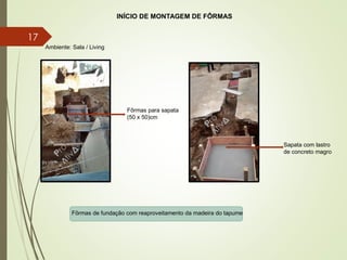 Fôrmas para sapata
(50 x 50)cm
Ambiente: Sala / Living
Sapata com lastro
de concreto magro
INÍCIO DE MONTAGEM DE FÔRMAS
Fôrmas de fundação com reaproveitamento da madeira do tapume
17
 