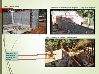 Execução de alvenaria com chapisco – Living /Sala de grupo
Sala – Parede frontal
Sala - Armação de Pilares – Parede frontal
Execução de
alvenarias e
armação de
pilares
21
 