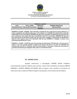 SERVIÇO PÚBLICO FEDERAL
MJ - POLÍCIA FEDERAL
SUPERINTENDÊNCIA REGIONAL NO PARANÁ
GT/LAVA JATO/DRCOR/SR/DPF/PR
111/129
MOSSACK x GLADIS
ALVO DATA / HORA DURAÇÃO NÚMERO SEQUENCIAL
55(11)32514149 09/11/2015 14:12:04 00:14:09 78076129.WAV
RESUMO
RODRIGO x GLADIS - PANAMA - Está cobrando a resposta de um e-mail que ela enviou. Informa o e-
mail <<compliance.brazil@mossfon.com>>. Ele pergunta se o PANAMA está solicitando ou fazendo
AUDITORIA. É uma investigação. RODRIGO diz que essa companhia foi dissolvida ano passado. Diz
que os diretores são nossos. Fala que o beneficiário final era ao portador. RODRIGO diz que não
tem informação do beneficiário final. Ele não tem como conseguir a informação do beneficiário
final de uma empresa que já foi dissolvida. MNI diz que RODRIGO é obrigado a manter essa
informação guardada por 5 anos.
RODRIGO x GLADIS - GLADIS diz que eles precisam da informação. ELE fala que a lei nova não se
aplica a este caso, porque quando a empresa foi extinta, não havia a lei nova no PANAMA. Ele
sustenta que isso não é retroativo. Não tem como fornecer. Avisa que o cliente fez uma ação ao
portador justamente para ninguém saber quem é o beneficiário final.
XII - ADEMIR AUADA
Segundo demonstrou a investigação, ADEMIR AUADA trabalhava
comercializando empresas offshore para terceiros. Consta como presidente da empresa BRIGHT
COMPANY e SUNSUD AMÉRICA DO BRASIL, além de figurar como consultor de escritórios de
advocacia no que a empresas offshore (registro, manutenção e encerramento das atividades):
 