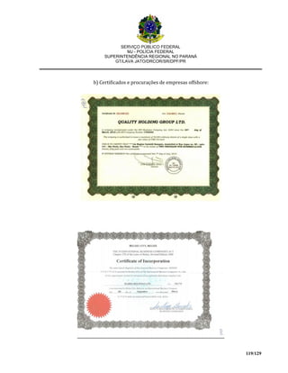 SERVIÇO PÚBLICO FEDERAL
MJ - POLÍCIA FEDERAL
SUPERINTENDÊNCIA REGIONAL NO PARANÁ
GT/LAVA JATO/DRCOR/SR/DPF/PR
119/129
b) Certificados e procurações de empresas offshore:
 