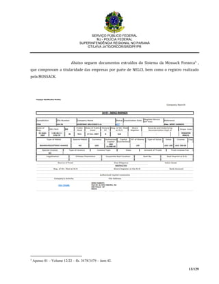SERVIÇO PÚBLICO FEDERAL
MJ - POLÍCIA FEDERAL
SUPERINTENDÊNCIA REGIONAL NO PARANÁ
GT/LAVA JATO/DRCOR/SR/DPF/PR
13/129
Abaixo seguem documentos extraídos do Sistema da Mossack Fonseca5 ,
que comprovam a titularidade das empresas por parte de NELCI, bem como o registro realizado
pela MOSSACK.
5
Apenso 01 – Volume 12/22 – fls. 3478/3479 – item 42.
 