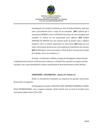 SERVIÇO PÚBLICO FEDERAL
MJ - POLÍCIA FEDERAL
SUPERINTENDÊNCIA REGIONAL NO PARANÁ
GT/LAVA JATO/DRCOR/SR/DPF/PR
34/129
homologação do acordo foi realizado por meio do poder judiciário, sendo que
todo o procedimento ficou a cargo de seu advogado; QUE confirma que a
execução da MURRAY contra a PAULISTA não passou de uma estratégia para
transferir os imóveis de sua propriedade para offshore; QUE ELIANA
PINHEIRO DE FREITAS nao tem nenhum poder de gestão sobre a offshore
tampouco sobre os imóveis registrados em nome dessa; QUE alega que nao
tinha conhecimento da forma que seria usada para transferência dos imóveis;
QUE ELIANA figura como procuradora a título de favor visto que tem relação
de amizade e essa é sua comadre (...)”.
Portanto, os elementos colhidos ao longo da investigação comprovam que
a adjudicação dos imóveis verificada entre a Murray e a Paulista Plus consistiu em negócio jurídico
simulado, com a única finalidade de ocultar a propriedade de bens pertencentes a Nelci Warken.
APREENSÕES – DOCUMENTOS – Apenso 01, Volume 22
Dentre os documentos localizados nas empresas em questão, interessante
destacarmos os seguintes:
a) Organograma citando a PAULISTA LINE, WOODBAY HOKDINGs E HAZEL
VILLE INTERNATIONAL, com a seguinte anotação: “fechar Paulita Line ao invés de transferir para
outra pessoa (deixa rastro?)” fls 6738v:
 