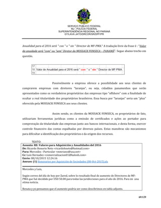 SERVIÇO PÚBLICO FEDERAL
MJ - POLÍCIA FEDERAL
SUPERINTENDÊNCIA REGIONAL NO PARANÁ
GT/LAVA JATO/DRCOR/SR/DPF/PR
69/129
Anualidad para el 2016 será " con " o " sin " Director de MF-PMA.” A tradução livre da frase é : “Valor
da anuidade será “com” ou “sem” Diretor da MOSSACK FONSECA – PANAMÁ”. Segue abaixo trecho em
questão.
Possivelmente a empresa oferece a possibilidade aos seus clientes de
comprarem empresas com diretores “laranjas”, ou seja, cidadãos panamenhos que serão
apresentados como os verdadeiros proprietários das empresas tipo “offshore” com a finalidade de
ocultar a real titularidade dos proprietários brasileiros. Essa busca por “laranjas” seria um “plus”
oferecido pela MOSSACK FONSECA aos seus clientes.
Assim sendo, os clientes da MOSSACK FONSECA, os proprietários de fato,
utilizariam ferramentas jurídicas como a emissão de certificados e ações ao portador para
comprovação da titularidade das empresas junto aos bancos internacionais, e desta forma, exercer
controle financeiro das contas espalhadas por diversos países. Estas manobras são mecanismos
para dificultar a identificação dos proprietários e da origem dos recursos.
TEXTO:
Assunto: RE: Valores para Adquisición y Anualidades del 2016
De: Ricardo Honorio Neto <ricardohneto@hotmail.com>
Para: Mercedes - Particular <mmriano@usa.net>
Cc: Luis Hernadez <comercializacion01@kalosh.com>
Envio: 08/10/2015 12:24:16
Anexos: (1) Honorarios por Aquisición de Sociedades (08-Oct-2015).xls
Mercedes y Luis,
Según correo del día de hoy por Zared, sobre lo resultado final de aumento de Directores de MF-
PMA que fué decidido por USD 50.00 para todas las juridicciones para el año de 2016. Para mi una
otima noticia.
Renata y yo pensamos que el aumento podria ser como descibrimos en tabla adjunto.
 