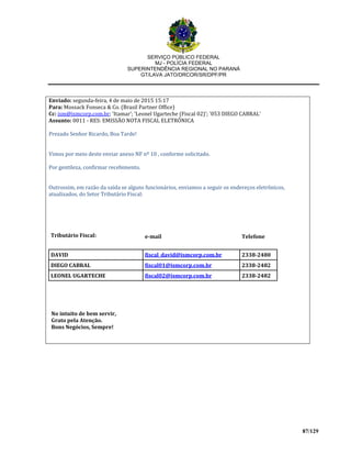 SERVIÇO PÚBLICO FEDERAL
MJ - POLÍCIA FEDERAL
SUPERINTENDÊNCIA REGIONAL NO PARANÁ
GT/LAVA JATO/DRCOR/SR/DPF/PR
87/129
Enviado: segunda-feira, 4 de maio de 2015 15:17
Para: Mossack Fonseca & Co. (Brasil Partner Office)
Cc: ism@ismcorp.com.br; 'Itamar'; 'Leonel Ugarteche (Fiscal 02)'; '053 DIEGO CABRAL'
Assunto: 0011 - RES: EMISSÃO NOTA FISCAL ELETRÔNICA
Prezado Senhor Ricardo, Boa Tarde!
Vimos por meio deste enviar anexo NF nº 10 , conforme solicitado.
Por gentileza, confirmar recebimento.
Outrossim, em razão da saída se alguns funcionários, enviamos a seguir os endereços eletrônicos,
atualizados, do Setor Tributário Fiscal:
Tributário Fiscal: e-mail Telefone
DAVID fiscal_david@ismcorp.com.br 2338-2480
DIEGO CABRAL fiscal01@ismcorp.com.br 2338-2482
LEONEL UGARTECHE fiscal02@ismcorp.com.br 2338-2482
No intuito de bem servir,
Grato pela Atenção.
Bons Negócios, Sempre!
 