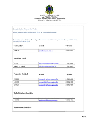 SERVIÇO PÚBLICO FEDERAL
MJ - POLÍCIA FEDERAL
SUPERINTENDÊNCIA REGIONAL NO PARANÁ
GT/LAVA JATO/DRCOR/SR/DPF/PR
89/129
Prezado Senhor Ricardo, Boa Tarde!
Vimos por meio deste enviar anexo NF nº 09 , conforme solicitado.
Outrossim, em razão da saída se alguns funcionários, enviamos a seguir os endereços eletrônicos,
atualizados, da ISMCORP:
Sócio Gestor: e-mail Telefone
ITAMAR ism@ismcorp.com.br 2338-2481
Tributário Fiscal:
DAVID fiscal_david@ismcorp.com.br 2338-2480
MARIA SILVANA fiscal03@ismcorp.com.br 2338-2482
Financeiro Contábil: e-mail Telefone
CÍCERO contabil01@ismcorp.com.br 2338-2483
MOISÉS contabil02@ismcorp.com.br 2338-2483
CECÍLIA contabil04@ismcorp.com.br 2338-2483
Trabalhista Previdenciário:
MOISÉS qualidade@ismcorp.com.br 2338-2481
Planejamento Societário:
 