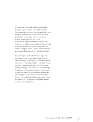 Por outro lado, as áreas das florestas presentes na
Amazônia Legal equivalem a quase dois terços das
florestas ainda existentes no globo, ou 40% do território
brasileiro. No entanto, de 2000 a 2006, a Amazônia
Legal perdeu cerca de 143,1 mil km2 de cobertura
vegetal, segundo dados do INPE (2008).
O resultado da exploração desenfreada foi a criação
de inúmeras unidades de conservação na Amazônia Legal,
com diferentes níveis de proteção: parques nacionais,
reservas biológicas, floresta nacional, reserva extrativista,
área de proteção ambiental, entre outros (vide tabela).


É nesse complexo cenário da Amazônia Legal – de
intensa exploração econômica com baixo Índice de
Desenvolvimento Econômico (IDH) e, ao mesmo tempo,
de reservas ambientais protegidas – que a Rede Energia
necessita implementar e manter sistemas e equipa-
mentos de energia e de distribuição, para levar energia
limpa às comunidades distantes que, muitas vezes, só
contam com energia de usinas movidas a diesel. São
áreas longínquas, isoladas e ainda descobertas pelo
Sistema Interligado Nacional (SIN), responsável por con-
trolar a geração e o consumo de energia elétrica para
que não haja risco de déficit.




                                                  relatório de responsabilidade socioambiental 2009
                                                                                                      101
 