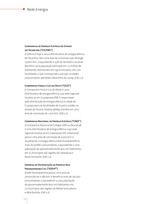 Rede Energia




Companhia de Energia Elétrica do Estado
do Tocantins (“CELTINS”)
A Celtins é hoje a única distribuidora de energia elétrica
do Tocantins. Tem uma área de concessão que abrange
277.621 km2, o equivalente a 3,3% do território nacional.
Beneficia uma população estimada em 1,2 milhão de
habitantes, distribuídos em 139 municípios, com 270
localidades, o que corresponde a 416.390 unidades
consumidoras atendidas (dezembro de 2009). (GRI 2.7)


Companhia Força e Luz do Oeste (“CFLO”)
A Companhia Força e Luz do Oeste é uma
distribuidora de energia elétrica cuja sede regional
localiza-se em Guarapuava (PR). É responsável
pela distribuição de energia elétrica à cidade de
Guarapuava e às localidades de Guará e Jordão, no
estado do Paraná. Totaliza 48.695 clientes, em uma
área de concessão de 1.200 km2. (GRI 2.7)


Companhia Nacional de Energia Elétrica (“CNEE”)
A Companhia Nacional de Energia Elétrica (Nacional)
é uma distribuidora de energia elétrica cuja sede
regional localiza-se em Catanduva (SP). A Nacional
possui uma área de concessão de 4.500 km2 e,
atualmente, a energia elétrica distribuída beneficia
mais de 97.680 consumidores, o equivalente a uma
população de aproximadamente 400 mil habitantes,
em 15 municípios das regiões de Catanduva e
Novo Horizonte. (GRI 2.7)


Empresa de Distribuição de Energia Vale
Paranapanema S.A. (“EDEVP”)
A Vale Paranapanema possui uma área de
concessão de 11.780 km2 e beneficia mais de 156.470
consumidores, o equivalente a uma população
de aproximadamente 600 mil habitantes, em
27 municípios das regiões da Média Sorocabana
e Alta Paulista. (GRI 2.7)

14
 