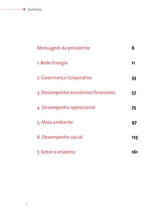 Sumário




        Mensagem da presidente               6


        1. Rede Energia                      11


        2. Governança Corporativa            33


        3. Desempenho econômico financeiro   57


        4. Desempenho operacional            75


        5. Meio ambiente                     97


        6. Desempenho social                 125


        7. Sobre o relatório                 161




4
 