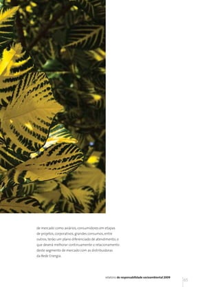 de mercado como aviários, consumidores em etapas
de projetos, corporativos, grandes consumos, entre
outros, terão um plano diferenciado de atendimento, o
que deverá melhorar continuamente o relacionamento
deste segmento de mercado com as distribuidoras
da Rede Energia.




                                             relatório de responsabilidade socioambiental 2009
                                                                                                 65
 