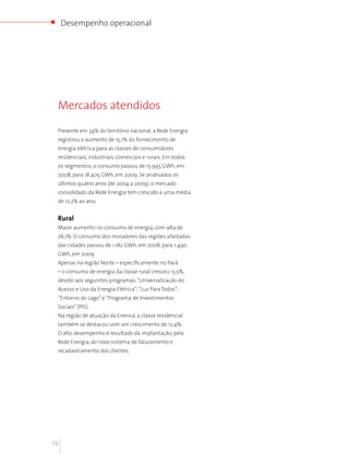 Desempenho operacional




 Mercados atendidos

 Presente em 34% do território nacional, a Rede Energia
 registrou o aumento de 15,1% do fornecimento de
 energia elétrica para as classes de consumidores
 residenciais, industriais, comerciais e rurais. Em todos
 os segmentos, o consumo passou de 15.995 GWh, em
 2008, para 18.405 GWh, em 2009. Se analisados os
 últimos quatro anos (de 2004 a 2009), o mercado
 consolidado da Rede Energia tem crescido a uma média
 de 12,2% ao ano.


 Rural
 Maior aumento no consumo de energia, com alta de
 26,1%. O consumo dos moradores das regiões afastadas
 das cidades passou de 1.182 GWh, em 2008, para 1.490
 GWh, em 2009.
 Apenas na região Norte – especificamente no Pará
 – o consumo de energia da classe rural cresceu 13,5%,
 devido aos seguintes programas: “Universalização do
 Acesso e Uso da Energia Elétrica”; “Luz Para Todos”;
 “Entorno do Lago” e “Programa de Investimentos
 Sociais” (PIS).
 Na região de atuação da Enersul, a classe residencial
 também se destacou com um crescimento de 12,4%.
 O alto desempenho é resultado da implantação, pela
 Rede Energia, do novo sistema de faturamento e
 recadastramento dos clientes.




78
 