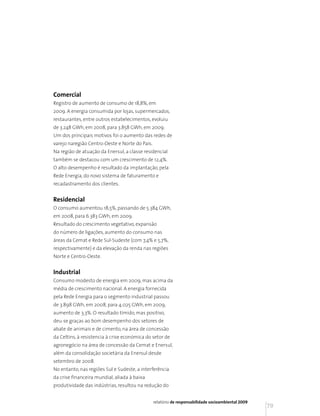 Comercial
Registro de aumento de consumo de 18,8%, em
2009. A energia consumida por lojas, supermercados,
restaurantes, entre outros estabelecimentos, evoluiu
de 3.248 GWh, em 2008, para 3.858 GWh, em 2009.
Um dos principais motivos foi o aumento das redes de
varejo naregião Centro-Oeste e Norte do País.
Na região de atuação da Enersul, a classe residencial
também se destacou com um crescimento de 12,4%.
O alto desempenho é resultado da implantação, pela
Rede Energia, do novo sistema de faturamento e
recadastramento dos clientes.


Residencial
O consumo aumentou 18,5%, passando de 5.384 GWh,
em 2008, para 6.383 GWh, em 2009.
Resultado do crescimento vegetativo, expansão
do número de ligações, aumento do consumo nas
áreas da Cemat e Rede Sul-Sudeste (com 7,4% e 5,7%,
respectivamente) e da elevação da renda nas regiões
Norte e Centro-Oeste.


Industrial
Consumo modesto de energia em 2009, mas acima da
média de crescimento nacional. A energia fornecida
pela Rede Energia para o segmento industrial passou
de 3.898 GWh, em 2008, para 4.025 GWh, em 2009,
aumento de 3,3%. O resultado tímido, mas positivo,
deu-se graças ao bom desempenho dos setores de
abate de animais e de cimento, na área de concessão
da Celtins, à resistencia à crise económica do setor de
agronegócio na área de concessão da Cemat e Enersul,
além da consolidação societária da Enersul desde
setembro de 2008.
No entanto, nas regiões Sul e Sudeste, a interferência
da crise financeira mundial, aliada à baixa
produtividade das indústrias, resultou na redução do


                                                relatório de responsabilidade socioambiental 2009
                                                                                                    79
 