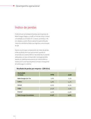 Desempenho operacional




 Índice de perdas

 O percentual consolidado de perdas das empresas da
 Rede Energia chegou a 20,9% no final de 2009. O índice
 consolidado, acumulado em 12 meses, aumentou 1,1%
 em relação a 2008, influenciado principalmente pelo
 índice da subsidiária Celpa, que registrou uma variação
 de 3%.


 Dentre os principais componentes do índice de perdas
 estão as perdas técnicas que ocorrem quando as
 dimensões do sistema elétrico não estão tecnicamente
 adequadas, ou seja, correspondem à energia perdida
 devido ao subdimensionamento do sistema elétrico.
 Sendo assim, esse tipo de perda é sempre conseqüente
 de sobrecarga no sistema.


     Resultado de perdas por empresa – (GRI EU12)

      Acumulado
      12 meses                                             2009    2008

      Rede Energia Sul / Se                                 6,8%   6,2%

      Celtins                                              14,8%   14,7%

      Cemat                                                16,6%   16,2%

      Celpa                                                30,3%   27,3%

      Enersul                                              23,7%   23,9%

      Rede Energia Consolidado                             20,9%   19,8%




88
 