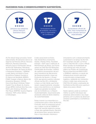 parceiros para o desenvolvimento sustentável




             13                                       17                                      7
      parceiros nas categorias                   fornecedores oficiais                fornecedores oficiais de
         Oficial, Platinum,                     de produtos, serviços e              RCEs, mais 4 empresas de
         Diamante e Ouro                         apoio à organização                  apoio cultural e serviços
                                                    da Conferência                        especializados




Ao fim desse longo processo, foram       A eles associaram-se Estre,             entusiasmo com o desenvolvimento
selecionados 30 parceiros sob as ca-     Gás Verde/Novo Gramacho,                sustentável e os temas da Rio+20.
tegorias de Parceiro Oficial, Parceiro   Haztec, Plantar, Rima, Tractebel        Em novembro de 2011, ao firmar
Platinum, Parceiro Diamante,             Energia – GDF Suez e Vallourec         com o CNO Rio+20 e com o PNUD
Parceiro Ouro e Fornecedor Oficial       Mannesmann do Brasil, que forne-        Brasil acordo na modalidade de
da Rio+20: Eletrobras, Petrobras,        ceram ao CNO Rio+20 Reduções            cost-sharing por meio do qual
Serviço Brasileiro de Apoio às Micro     Certificadas de Emissão, créditos       aderiu ao Projeto de Cooperação
e Pequenas Empresas – SEBRAE             de carbono provenientes de pro-        Técnica Internacional BRA/11/017,
e Vale; Banco do Brasil e Caixa          jetos brasileiros do Mecanismo          o SEBRAE viabilizou a criação de
Econômica Federal; Correios e            de Desenvolvimento Limpo do             infraestrutura inicial e adicional
Oi; Banco do Nordeste, BNDES,            Protocolo de Quioto; o Grupo            à prevista para a organização
FINEP, Invepar e Natura; Banco da        CCR, que apoiou eventos culturais       logística, validando em momento-
Amazônia, Braskem, CEDAE,                oficiais da Rio+20; a Ambiente         -chave a visão mais ambiciosa do
Coca-Cola Brasil, Embraer, Faber-        Limpo e a Vide Verde, que forne-        CNO Rio+20 sobre a realização da
Castell, Foz do Brasil, GL Events,       ceram, respectivamente, soluções        Conferência Rio+20 como oportuni-
Grupo BMW, Instituto Doe Seu Lixo,       para o lixo eletrônico e os resíduos    dade única para o Brasil.
MAN Latin America, Michelin,             orgânicos gerados na realiza-
Pier Mauá, SERPRO, Suzano Papel e        ção da Conferência; e a Report         Neste capítulo, pode-se conhecer
Celulose, TAM Linhas Aéreas              Sustentabilidade, responsável pela     melhor os perfis individuais das
e Volkswagen.                            produção editorial deste relatório     empresas selecionadas e seu enga-
                                         de sustentabilidade.                   jamento com os pilares do desenvol-
                                                                                vimento sustentável e a Conferência
                                         Todas tiveram sua importância e        Rio+20.
                                         contribuíram para o êxito da Rio+20.
                                         Contudo, entre as empresas parcei-
                                         ras, o papel crucial do SEBRAE é
                                         digno de menção especial e enseja
                                         o mais alto agradecimento. Parceiro
                                         de primeira hora, sempre demons-
                                         trou o mais elevado interesse e

Parcerias para o Desenvolvimento Sustentável                                                                      105
 