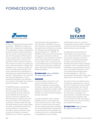 FORNECEDORES OFICIAIS




SERPRO                                    da informação. Por demanda do             certificações e por ser a primeira
O Serviço Federal de Processamento        CNO Rio+20, o SERPRO incluiu no           empresa do setor de papel e celulose
de Dados – SERPRO foi criado, em          sítio oficial recursos de acessibilida-   a calcular as emissões de gases de
1964, com o objetivo de modernizar        de e semântica conforme as normas         efeito estufa de seus produtos.
e dar agilidade a setores estratégicos    do “Modelo de Acessibilidade de
da Administração Pública brasileira.      Governo Eletrônico – eMAG3”. O            As ações da Suzano na Rio+20
Seu foco está na prestação de servi-      SERPRO sofreu uma série de eventos        reafirmaram seu compromisso
ços em Tecnologia da Informação e         de segurança durante os dias da           com o desenvolvimento sustentável,
Comunicações para o setor público,        Conferência, mas enfrentou-os todos       ao fornecer produtos e serviços
criando programas e serviços que          sem comprometimento do acesso             rentáveis e socioambientalmente
permitam maior controle e transpa-        ou dos dados, pois o processo com         corretos, provenientes de suas
rência sobre a receita e os gastos pú-    o qual trabalha para a concepção de       florestas renováveis. Nesse contexto,
blicos, além de facilitar a relação dos   sítios faz com que esses problemas        contribuiu com o resultado final da
cidadãos com o Governo. Dentre as         sejam antevistos ainda na etapa de        Conferência, participando de discus-
várias soluções desenvolvidas com         desenvolvimento.                          sões e de eventos paralelos, como
essas características sobressaem a                                                  os da International Organization
declaração do Imposto de Renda via        +  Saiba Mais sobre o SERPRO              for Standardization – ISO e da
internet – ReceitaNet, a nova Carteira    em www.serpro.gov.br/                     Organização das Nações Unidas para
Nacional de Habilitação, o novo                                                     Agricultura e Alimentação – FAO.
Passaporte Brasileiro e os sistemas       Suzano
de controle e facilitação do comércio     A Suzano Papel e Celulose é uma           Seu fornecimento de papéis para a
exterior brasileiro – Siscomex.           empresa de base florestal, com            Conferência ultrapassou as marcas
                                          89 anos e trajetória marcada pela         de 750 mil folhas de Suzano Report
O SERPRO prestou consultorias             inovação. Segunda maior produtora         360, disponibilizadas nas ilhas de
técnicas e forneceu serviços              global de celulose de eucalipto e líder   impressão do Riocentro, e de 50
de Tecnologia da Informação e             regional no mercado de papel, atua        mil blocos de anotação impressos
Comunicações durante a Rio+20,            também nas áreas de biotecnologia e       em Alta Alvura, entregues aos
como infraestrutura de redes e            energia renovável.                        participantes e utilizados nas salas
acesso à internet e desenho, de-                                                    de reunião. Esses produtos têm
senvolvimento e segurança do sítio        A Suzano entende como sustenta-           suas emissões de GEE calculadas e
oficial do evento. As consultorias        bilidade permitir a renovação dos         compensadas por meio da compra
prestadas incluíram ações de rede         ciclos de crescimento, o que implica      de créditos de carbono.
de longa distância para interconexão      construir as bases para uma expan-
de todos os ambientes da Rio+20,          são que integre operações competiti-      +  Saiba Mais sobre a Suzano
videoconferência, transmissão             vas, responsabilidade socioambiental      em www.suzano.com.br
de vídeos, acesso à internet, rede        e relacionamentos de qualidade. Seu
local para conexão, servidores,           compromisso com a sustentabilidade
telefonia fixa e móvel e segurança        é respaldado por conceituadas

132                                                                            Relatório Rio+20, o Modelo Brasileiro
 