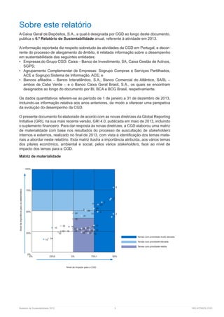 Relatório de Sustentabilidade 2013	 3	 RELATÓRIOS CGD
Sobre este relatório
A Caixa Geral de Depósitos, S.A., a qual é designada por CGD ao longo deste documento,
publica o 6.º Relatório de Sustentabilidade anual, referente à atividade em 2013.
A informação reportada diz respeito sobretudo às atividades da CGD em Portugal, e decor-
rente do processo de alargamento do âmbito, é relatada informação sobre o desempenho
em sustentabilidade das seguintes entidades:
•	 Empresas do Grupo CGD: Caixa – Banco de Investimento, SA, Caixa Gestão de Activos,
SGPS;
•	 Agrupamento Complementar de Empresas: Sogrupo Compras e Serviços Partilhados,
ACE e Sogrupo Sistema de Informação, ACE; e
•	 Bancos afiliados – Banco Interatlântico, S.A., Banco Comercial do Atlântico, SARL –
­ambos de Cabo Verde – e o Banco Caixa Geral Brasil, S.A., os quais se encontram
designados ao longo do documento por BI, BCA e BCG Brasil, respetivamente.
Os dados quantitativos referem-se ao período de 1 de janeiro a 31 de dezembro de 2013,
incluindo-se informação relativa aos anos anteriores, de modo a oferecer uma perspetiva
da evolução do desempenho da CGD.
O presente documento foi elaborado de acordo com as novas diretrizes da Global ­Reporting
Initiative (GRI), na sua mais recente versão, GRI 4.0, publicada em maio de 2013, incluindo
o suplemento financeiro. Para dar resposta às novas diretrizes, a CGD elaborou uma matriz
de materialidade com base nos resultados do processo de auscultação de ­stakeholders
inter­nos e externos, realizado no final de 2013, com vista à identificação dos temas mate-
riais a abordar neste relatório. Esta matriz ilustra a importância atribuída, aos vários temas
dos pilares económico, ambiental e social, pelos vários stakeholders, face ao nível de
­impacto dos temas para a CGD.
Matriz de materialidade
8
9
6
2511
26
57 28
13
4
2
1
20
31
15
10
35 16
32
34
14
19 18
21 30 29 27 17
37
23
38 33
36 24
12
3
22
Níveldeimportânciaparaosstakeholders
Nível de Impacto para a CGD
0%	 25%5	 0%	 75%1	00%
100%
75%
50%
25%
0%
Temas com prioridade muito elevada
Temas com prioridade elevada
Temas com prioridade média
 