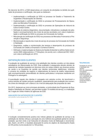 Relatório de Sustentabilidade 2013	 38	 RELATÓRIOS CGD
No decorrer de 2013, a CGD desenvolveu um conjunto de atividades no âmbito da quali-
dade de processos e certificação, das quais se destacam:
•	 Implementação e certificação do SGQ no processo de Gestão e Tratamento de
Sugestões e Reclamações de Clientes;
•	 Implementação e certificação do SGQ no processo de Processamento de Opera-
ções nos Mercados Financeiros;
•	 Implementação e certificação do SGQ no processo de Operações de Inbound do
Caixa Contact Center;
•	 Definição do sistema (diagnóstico, documentação, indicadores e avaliação de satis-
fação) e acompanhamento dos níveis de serviço acordados com vista à implemen-
tação e certificação do SGQ no processo de Concessão de Cartões;
•	 Manutenção da certificação do SGQ nos processos de Mercados Financeiros e Pre-
venção e Segurança;
•	 Monitorização e reporte dos níveis de serviço do processo de Concessão de Crédito
à Habitação;
•	 Diagnóstico, análise e monitorização dos tempos e desempenho do processo de
Concessão de Crédito a Empresas e Comércio Externo;
•	 Definição e implementação do Sistema de Gestão Ambiental no edifício Sede (envol-
vendo 4500 colaboradores e 17 Direções), de acordo com o referencial ISO 14001,
com vista à certificação em 2014.
SATISFAÇÃO DOS CLIENTES
A avaliação da qualidade de serviço e da satisfação dos clientes constitui um dos ­pilares
estratégicos de diferenciação da CGD. Esta avaliação é assegurada através através de
sistemas de medição baseados em técnicas como as visitas mistério aos diversos ­pontos
de venda e os inquéritos de opinião aos clientes (entrevistas telefónicas), incluindo
o ­universo de unidades de negócio e colaboradores da banca de retalho responsáveis
pelo ­acompanhamento personalizado de clientes particulares e empresas residentes em
­Portugal e no estrangeiro.
A auscultação regular dos clientes é conjugada com estudos on-line, de benchmark e
outros estudos de caráter pontual e qualitativo, especialmente para avaliação dos momen-
tos chave de interação com o Banco e do nível de adequação das propostas de valor.
Em 2013, destacam-se como principais atividades, a continuidade dos Programas de Qua-
lidade e Satisfação de Clientes, que permitem avaliar 10 modelos de serviço, e a realização
de 2 vagas de visitas mistério às agências da CGD.
AVALIAÇÃO DA SATISFAÇÃO DE CLIENTES
(em pontos numa escala de 0 a 100)
A evolução consistentemente positiva dos índices globais da qualidade de serviço e da
satisfação de clientes reforça a perceção de uma melhoria da qualidade global do serviço
prestado, que tem vindo a ser traduzida em elevados níveis de fidelização e recomenda-
ção. Assim, em 2013, o resultado alcançado foi acima do objetivo de desempenho fixado
em 90 pontos (numa escala de 0 a 100 pontos).
Tema Relevante:
Qualidade do serviço
e satisfação dos
clientes
83% dos stakeholders
consultados
consideram que a
CGD preocupa-se
com a satisfação dos
seus clientes e em
construir relações
comerciais fortes e
duradouras.
85,25 88,68 90,16 91,04
0
20
40
60
80
100
2010 2011 2012 2013
 