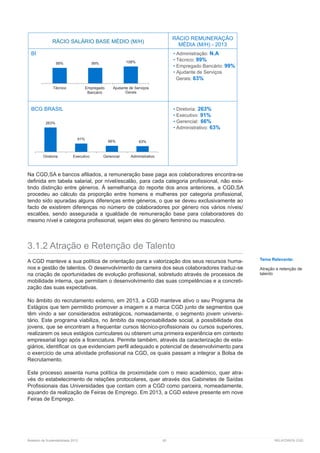 Relatório de Sustentabilidade 2013	 62	 RELATÓRIOS CGD
Na CGD,SA e bancos afiliados, a remuneração base paga aos colaboradores encontra-se
definida em tabela salarial, por nível/escalão, para cada categoria profissional, não exis-
tindo distinção entre géneros. À semelhança do reporte dos anos anteriores, a CGD,SA
procedeu ao cálculo da proporção entre homens e mulheres por categoria profissional,
tendo sido apuradas alguns diferenças entre géneros, o que se deveu exclusivamente ao
facto de existirem diferenças no número de colaboradores por género nos vários níveis/
escalões, sendo assegurada a igualdade de remuneração base para colaboradores do
mesmo nível e categoria profissional, sejam eles do género feminino ou masculino.
3.1.2 Atração e Retenção de Talento
A CGD manteve a sua política de orientação para a valorização dos seus recursos huma-
nos e gestão de talentos. O desenvolvimento de carreira dos seus colaboradores traduz-se
na criação de oportunidades de evolução profissional, sobretudo através de processos de
mobilidade interna, que permitam o desenvolvimento das suas competências e a concreti-
zação das suas expectativas.
No âmbito do recrutamento externo, em 2013, a CGD manteve ativo o seu Programa de
Estágios que tem permitido promover a imagem e a marca CGD junto de segmentos que
têm vindo a ser considerados estratégicos, nomeadamente, o segmento jovem universi-
tário. Este programa viabiliza, no âmbito da responsabilidade social, a possibilidade dos
jovens, que se encontram a frequentar cursos técnico-profissionais ou cursos superiores,
realizarem os seus estágios curriculares ou obterem uma primeira experiência em contexto
empresarial logo após a licenciatura. Permite também, através da caracterização de esta-
giários, identificar os que evidenciam perfil adequado e potencial de desenvolvimento para
o exercício de uma atividade profissional na CGD, os quais passam a integrar a Bolsa de
Recrutamento.
Este processo assenta numa política de proximidade com o meio académico, quer atra-
vés do estabelecimento de relações protocolares, quer através dos Gabinetes de Saídas
Profissionais das Universidades que contam com a CGD como parceira, nomeadamente,
aquando da realização de Feiras de Emprego. Em 2013, a CGD esteve presente em nove
Feiras de Emprego.
Tema Relevante:
Atração e retenção de
talento
RÁCIO REMUNERAÇÃO
MÉDIA (M/H) - 2013
RÁCIO SALÁRIO BASE MÉDIO (M/H)
BI • Administração: N.A
• Técnico: 99%
• Empregado Bancário: 99%
• Ajudante de Serviços
Gerais: 63%
BCG BRASIL • Diretoria: 263%
• Executivo: 91%
• Gerencial: 66%
• Administrativo: 63%
99% 99% 108%
Técnico Empregado
Bancário
Ajudante de Serviços
Gerais
263%
91%
66% 63%
Diretoria Executivo Gerencial Administrativo
 