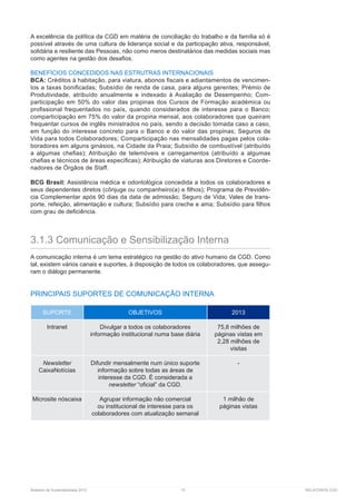 Relatório de Sustentabilidade 2013	 70	 RELATÓRIOS CGD
A excelência da política da CGD em matéria de conciliação do trabalho e da família só é
possível através de uma cultura de liderança social e da participação ativa, responsável,
solidária e resiliente das Pessoas, não como meros destinatários das medidas sociais mas
como agentes na gestão dos desafios.
BENEFÍCIOS CONCEDIDOS NAS ESTRUTRAS INTERNACIONAIS
BCA: Créditos à habitação, para viatura, abonos fiscais e adiantamentos de vencimen-
tos a taxas bonificadas; Subsídio de renda de casa, para alguns gerentes; Prémio de
Produtividade, atribuído anualmente e indexado à Avaliação de Desempenho; Com-
participação em 50% do valor das propinas dos Cursos de Formação académica ou
profissional frequentados no país, quando considerados de interesse para o Banco;
comparticipação em 75% do valor da propina mensal, aos colaboradores que queiram
frequentar cursos de inglês ministrados no país, sendo a decisão tomada caso a caso,
em função do interesse concreto para o Banco e do valor das propinas; Seguros de
Vida para todos Colaboradores; Comparticipação nas mensalidades pagas pelos cola-
boradores em alguns ginásios, na Cidade da Praia; Subsídio de combustível (atribuído
a algumas chefias); Atribuição de telemóveis e carregamentos (atribuído a algumas
chefias e técnicos de áreas especificas); Atribuição de viaturas aos Diretores e Coorde-
nadores de Órgãos de Staff.
BCG Brasil: Assistência médica e odontológica concedida a todos os colaboradores e
seus dependentes diretos (cônjuge ou companheiro(a) e filhos); Programa de Previdên-
cia Complementar após 90 dias da data de admissão; Seguro de Vida; Vales de trans-
porte, refeição, alimentação e cultura; Subsídio para creche e ama; Subsídio para filhos
com grau de deficiência.
3.1.3 Comunicação e Sensibilização Interna
A comunicação interna é um tema estratégico na gestão do ativo humano da CGD. Como
tal, existem vários canais e suportes, à disposição de todos os colaboradores, que assegu-
ram o diálogo permanente.
PRINCIPAIS SUPORTES DE COMUNICAÇÃO INTERNA
SUPORTE OBJETIVOS 2013
Intranet Divulgar a todos os colaboradores
informação institucional numa base diária
75,8 milhões de
páginas vistas em
2,28 milhões de
visitas
Newsletter
CaixaNotícias
Difundir mensalmente num único suporte
informação sobre todas as áreas de
interesse da CGD. É considerada a
newsletter “oficial” da CGD.
-
Microsite nóscaixa Agrupar informação não comercial
ou institucional de interesse para os
colaboradores com atualização semanal
1 milhão de
páginas vistas
 