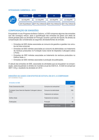 Relatório de Sustentabilidade 2013	 93	 RELATÓRIOS CGD
INTENSIDADE CARBÓNICA – 2013
COMPENSAÇÃO DE EMISSÕES
Enquadrado no seu Programa de Baixo Carbono, a CGD compensa algumas das emissões
que não conseguiu reduzir, após a quantificação das emissões de gases com efeito de
estufa geradas pela sua atividade em Portugal, durante o período de reporte. No âmbito da
compensação são consideradas as seguintes atividades/fontes de emissão:
•	 Emissões de GEE diretas associadas ao consumo de gasolina e gasóleo nos veícu-
los de frota comercial;
•	 Emissões de GEE indiretas associadas ao consumo de eletricidade e ao tratamento
de resíduos produzidos na Fundação Caixa Geral de Depósitos Culturgest Lisboa
e Porto;
•	 Emissões de GEE indiretas associadas ao tratamento de resíduos produzidos no
Edifício Sede; e
•	 Emissões de GEE indiretas associadas à produção de publicações.
O cálculo das emissões de GEE, associadas às atividades que se enquadram na compen-
sação, está enquadrado no âmbito do inventário anual da CGD S.A.. A CGD irá compensar
3607 t CO2
e, resultante da atividade em 2013.
EMISSÕES DE GASES COM EFEITOS DE ESTUFA, EM 2013, A COMPENSAR
(em toneladas CO2
e)
Emissões de GEE 2013
Frota Comercial da CGD Consumo de combustível 3013
Fundação Caixa Geral de Depósito Culturgest Lisboa e
Porto
Consumo de eletricidade 538
Tratamento de resíduos 1
Edíficio Sede Tratamento de resíduos 11
Publicações Produção 44
Total a compensar (t CO2
e) 3607
CGD, SA
3,5 t CO2
e/FTE
0,03 t CO2
e/milhares €
4,1 t CO2
e/FTE
0,07 t CO2
e /milhares €
2,6 t CO2
e/FTE
0,04 t CO2
e /milhares €
2,1 t CO2
e/FTE
0,01 t CO2
e /milhares €
BCA BI BCG Brasil
 