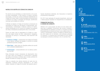 14
NEGÓCIO RESPONSÁVEL | 2015
MODELO DE GESTÃO DO CÓDIGO DE CONDUTA
No exercício da sua atividade e no relacionamento com as vári-
as partes interessadas, a CGD observa os valores, princípios
de atu­ação e normas de conduta profissional estabelecidos no
Código de Conduta. Assim, é essencial avaliar permanentemente
a influência do Código na atividade da Instituição, identificando
eventuais oportunidades de melhoria.
O Modelo de Gestão do Código de Conduta é a ferramenta de
autoanálise do Código que visa garantir a implementação, ope­
racionalização, monitorização e melhoria contínua do mesmo,
através da aplicação de um conjunto de medidas e da avaliação
de metas e indicadores de desempenho ético e de conduta.
Quanto às metas, para os destinatários do Código (i.e. mem-
bros dos órgãos sociais da CGD, colaboradores, estagiários,
prestadores de serviços e mandatários), estas assumem três
dimensões:
•	 Conhecer o Código – conhecimento do Código de Conduta
e dos valores, princípios de atuação e normas de conduta
profissional que este consagra;
•	 Saber-fazer – saber atuar em situações práticas de acordo
com os deveres estabelecidos; e
•	 Compromisso – comprometimento com os valores e princí-
pios da CGD.
Estas dimensões incluem indicadores de desempenho ético
que visam obter uma ava­liação do conhecimento e aplicação
do Código de Conduta e contribuir para a revisão periódica do
Modelo de Gestão do Código de Conduta.
Todas as violações dos deveres laborais por parte dos tra-
balhadores constituem ­infrações disciplinares e, em última
análise, violações do Código de Conduta. Na ­sequência das in-
frações disciplinares detetadas, são instaurados os respetivos
procedimentos disciplinares.
Em 2015 foram aplicadas 20 sanções disciplinares, sendo que
4 destas sanções resultaram em despedimento do trabalhador.
FORMAÇÃO EM ÉTICA
E CÓDIGO DE CONDUTA
Alinhado com a preocupação de reforço de uma cultura orien-
tada para a qualidade, cumprimento das normas e deveres e
sustentabilidade da atividade, foi iniciado um Programa de Ética
Empresarial para os diretores do Grupo, que configura vários mo-
mentos e metodologias e assenta na reflexão de dilemas éticos.
Em 2015 realizou-se um se­minário, onde estiveram presentes
275 diretores, e o programa terá continuidade em 2016, através
da realização de diversos workshops e de um seminário final.
FORMAÇÃO
ANTICORRUPÇÃO EM 2015
1.117(colaboradores
que receberam formação)
10%
(colaboradores CGD, S.A.)
13%
(colaboradores BI)
24%
(colaboradores BCA)
81%
(colaboradores BCG
Brasil)
 