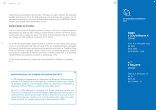 58
AMBIENTE | 2015
Relativamente às estruturas internacionais, o BI regista um ligeiro aumento das emissões
de GEE, de 2% face a 2014. No BCA verifica-se uma diminuição das emissões em 5%
associadas à redução do comsumo de eletricidade, enquanto que no BCG Brasil não se
resgista uma variação nas emissões face a 2014.
Compensação de emissões
Como um dos vetores do Programa de Baixo Carbono, a CGD S.A. compensa algumas
das emissões de GEE que não conseguiu reduzir durante o período de reporte, após a
quantificação das emissões de gases com efeito de estufa geradas pela sua atividade
em Portugal. No total a CGD irá compensar 3.510 tCO2e.
No âmbito da compensação estão incluídas as emissões de GEE diretas associada ao
consumo de combustíveis da frota comercial (81%), as emissões indiretas associadas
ao consumo de eletricidade e ao tratamento de resíduos produzidos na Fundação Caixa
Geral de Depósitos Culturgest Lisboa e Porto (18%), as emissões de GEE indiretas
­associadas ao tratamento de resíduos produzidos no Edifício Sede (1%), e as emissões
de GEE indiretas associadas à produção de publicações (~0%).
A CGD publica anualmente o relatório de compensação que poderá ser consultado
aqui.
INTENSIDADE CARBÓNICA
2015
0,023
t CO2/milhares €
(Global)
CGD, S.A. (Portugal): 0,023
BI: 0,051
BCA: 0,065
BCG BRASIL: 0,008
4,7
t CO2/FTE
(Global)
CGD, S.A. (Portugal): 4,7
BI: 2,4
BCA: 3,6
BCG BRASIL: 2,1
PARTICIPAÇÃO NO CDP (CARBON DISCLOSURE PROJECT)
A CGD participa voluntariamente no questionário de alterações climáticas promo­
vido pelo CDP, desde 2009, e pelo quinto ano consecutivo alcançou uma posição
de destaque, atingindo uma pontuação máxima de 100 pontos em Disclosure e
integrando o Climate Disclosure Leadership Index (CDLI) ibérico.
Em 2015, a CGD participou no programa CDP Supply Chain pela primeira vez.
Trata-se de um programa com uma abordagem colaborativa que contribui para o
desenvolvimento sustentável da cadeia de valor, apoiando as empresas a reunir
valiosa informação para perceber como os fornecedores estão a lidar com as alte­
rações climáticas e a trabalhar para reduzir as suas emissões de GEE.
 