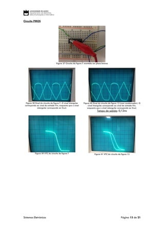 Sistemas Eletrónicos Página 13 de 21
Circuito PMOS
Figura 37 Circuito da figura 7 montado em placa branca
Figura 38 Sinal do circuito da figura 7. O sinal triangular
corresponde ao sinal de entrada Vin, enquanto que o sinal
retangular corresponde ao Vout.
Figura 39 VTC do circuito da figura 7
Figura 40 Sinal do circuito da figura 12 (com condensador). O
sinal triangular corresponde ao sinal de entrada Vin,
enquanto que o sinal retangular corresponde ao Vout.
Tempo de subida: 0,12ms
Figura 41 VTC do circuito da figura 12
 