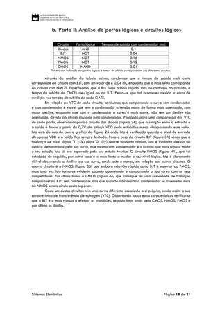 Sistemas Eletrónicos Página 18 de 21
b. Parte II: Análise de portas lógicas e circuitos lógicos
Circuito Porta lógica Tempos de subida com condensador (ms)
Díodos AND 0.1
BJT NOT 0.04
NMOS NOT 0.16
PMOS NOT 0.12
CMOS NAND 0.04
Tabela com indicação das portas logicas e tempo de subida correspondente aos diferentes circuitos.
Através da análise da tabela acima, concluímos que o tempo de subida mais curto
corresponde ao circuito com BJT, com um valor de é 0,04 ms, enquanto que o mais lento corresponde
ao circuito com NMOS. Esperávamos que o BJT fosse o mais rápido, mas ao contrário do previsto, o
tempo de subida do CMOS deu igual ao do BJT. Pensa-se que tal aconteceu devido a erros de
medição nos tempos de subida de cada GATE.
Em relação ao VTC de cada circuito, concluímos que comparando a curva sem condensador
e com condensador é visível que sem o condensador a tensão muda de forma mais acentuada, com
maior declive, enquanto que com o condensador a curva é mais suave, não tem um declive tão
acentuado, devido ao atraso causado pelo condensador. Passando para uma comparação dos VTC
de cada porta, observámos para o circuito dos díodos (figura 24), que a relação entre a entrada e
a saída é linear a partir de 0,7V até atingir VDD onde estabiliza nunca ultrapassando esse valor.
Isto está de acordo com o gráfico da figura 25 onde isto é verificado quando o sinal de entrada
ultrapassa VDD e a saída fica sempre limitada. Para o caso do circuito BJT (figura 31) vimos que a
mudança de nível lógico '1' (5V) para '0' (0V) ocorre bastante rápido, isto é evidente devido ao
declive demonstrado pela sua curva, que mesmo com condensador é o circuito que mais rápido muda
o seu estado, isto já era esperado pelo seu estudo teórico. O circuito PMOS (figura 41), que foi
estudado de seguida, por outro lado é o mais lento a mudar o seu nível lógico. Isto é claramente
visível observando o declive da sua curva, sendo este o menor, em relação aos outros circuitos. O
quarto circuito é o NMOS (figura 36) que embora não tão rápido como BJT é superior ao PMOS,
mais uma vez isto torna-se evidente quando observando e comparando a sua curva com os seus
competidores. Por último temos o CMOS (figura 46) que consegue ter uma velocidade de transição
comparável ao BJT, sem condensador mas que quando adicionado o condensador se assemelha mais
ao NMOS sendo ainda assim superior.
Cada um destes circuitos tem uma curva diferente associada a si próprio, sendo assim a sua
característica de transferência de voltagem (VTC). Observando todas estas características verifica-se
que o BJT é o mais rápido a efetuar as transições, seguido logo atrás pelo CMOS, NMOS, PMOS e
por último os díodos.
 