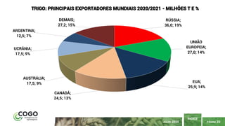 PÁGINA 20
ÍNDICE
JULHO 2020
RÚSSIA;
36,0; 19%
UNIÃO
EUROPEIA;
27,0; 14%
EUA;
25,9; 14%
CANADÁ;
24,5; 13%
AUSTRÁLIA;
17,5; 9%
UCRÂNIA;
17,5; 9%
ARGENTINA;
12,5; 7%
DEMAIS;
27,2; 15%
TRIGO: PRINCIPAIS EXPORTADORES MUNDIAIS 2020/2021 - MILHÕES T E %
 