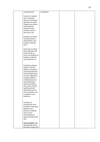 20
mais gostaram?
Escrever no quadro,
com a ajuda dos
alunos, as cores que
aparecem no vídeo.
Pergunte aos alunos
onde podemos
encontrar essas
mesmas cores no
nosso dia a dia.
Exemplo: azul (céu);
laranja (cenoura);
verde (folha); roxo
(roupa) e amarelo
(sol)...
Assim que os alunos
forem falando onde
encontramos as
cores, vou listando no
quadro, ao lado de
sua respectiva cor.
O professor deverá
separar a sala em
duplas e convidá-los
para desenvolverem
uma atividade sobre
as cores, seguido da
entrega a palheta
confeccionada com
seis divisões para
cada aluno (Anexo
01), juntos com três
copinhos de café
descartável com as
cores vermelho, azul
e amarelo e uma
toalhinha.
Introduzir os
conceitos de cores
primárias e logo após
pedirem para
pintarem a palheta
com as cores
intercalando um
espaço pintado outro
não.
Cores primárias: São
denominadas como
primárias, porque são
secundárias.
 