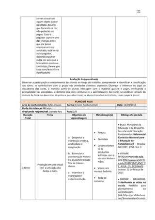22
correr e tocar em
algum objeto da cor
solicitada. Aqueles
que tocarem na cor,
não poderão ser
pegos. Caso o
pegador capture uma
das crianças antes
que ela possa
encostar-se à cor
solicitada, esta vira o
novo pegador,
devendo escolher
outra cor para que a
brincadeira continue.
Link:https://www.you
tube.com/watch?v=x
8VNNyobJRo
Avaliação do Aprendizado
Observar a participação e envolvimento dos alunos ao longo do trabalho, compreender e identificar a classificação
das cores; se contribuíram com o grupo nas atividades coletivas propostas. Observar o interesse no jogo de
descoberta das cores, a maneira como os alunos interagem com o material guache e papel, verificando a
gestualidade nas pinceladas, o domínio das cores primárias e a aprendizagem das cores secundárias, através da
mistura de tinta nos exercícios de pintura, perceber como os alunos transitam entre tinta, cores, papel e pincel.
PLANO DE AULA
Área de conhecimento: Artes Visuais Turma: Ensino Fundamental I Data: 13/09/2017.
Idade das crianças: 06 anos
Graduanda responsável: Daniele Reis Aula: 2/8
Duração
Total
Tema Objetivos de
Aprendizagem
Metodologia (s) Bibliografia da Aula
240min
Produção em arte visual
com a utilização dos
dedos e mãos.
a. Despertar a
expressão artística,
criatividade e
imaginação.
b. Estimular a
coordenação motora
e a psicomotricidade
fina de mãos e
dedos.
c. Incentivar a
exploração e
experimentação.
 Pintura.
 Carimbos
 Desenvolvimen
to de
produções
artísticas com o
uso dos dedos e
mãos.
 Vídeo com
musical dedinho.
 Roda de
conversa.
 Brasil. Ministério da
Educação e do Desporto.
Secretaria de Educação
Fundamental. Referencial
Curricular Nacional para
a Educação do
Fundamental I — Brasília:
MEC/SEF, 1998. Vol. 3
 VIVIANE
MYAZAKI.Plano de aula.
Link:http://www.academi
a.edu/9336218/PLANO_D
E_AULA_OS_DEDINHOS
Acesso: 10 de Março de
2017.
 SIMONE DRUMOND.
Trabalhando as mãos na
escola. Portfólio para
planejamento da
aprendizagem.
Link:https://pt.slideshare.
net/SimoneHelenDrumon
 