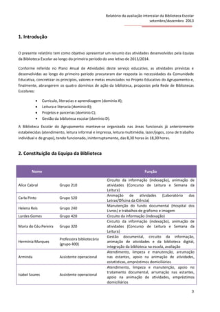 Relatório da avaliação intercalar da Biblioteca Escolar
setembro/dezembro 2013

1. Introdução
O presente relatório tem como objetivo apresentar um resumo das atividades desenvolvidas pela Equipa
da Biblioteca Escolar ao longo do primeiro período do ano letivo de 2013/2014.
Conforme referido no Plano Anual de Atividades deste serviço educativo, as atividades previstas e
desenvolvidas ao longo do primeiro período procuraram dar resposta às necessidades da Comunidade
Educativa, concretizar os princípios, valores e metas enunciados no Projeto Educativo do Agrupamento e,
finalmente, abrangerem os quatro domínios de ação da biblioteca, propostos pela Rede de Bibliotecas
Escolares:





Currículo, literacias e aprendizagem (domínio A);
Leitura e literacia (domínio B);
Projetos e parcerias (domínio C);
Gestão da biblioteca escolar (domínio D).

A Biblioteca Escolar do Agrupamento manteve-se organizada nas áreas funcionais já anteriormente
estabelecidas (atendimento, leitura informal e impressa, leitura multimédia, lazer/jogos, zona de trabalho
individual e de grupo), tendo funcionado, ininterruptamente, das 8,30 horas às 18,30 horas.

2. Constituição da Equipa da Biblioteca

Nome

Função

Alice Cabral

Grupo 210

Carla Pinto

Grupo 520

Helena Reis

Grupo 240

Lurdes Gomes

Grupo 420

Maria do Céu Pereira

Grupo 320

Hermínia Marques

Professora bibliotecária
(grupo 400)

Arminda

Assistente operacional

Isabel Soares

Assistente operacional

Circuito da informação (indexação), animação de
atividades (Concurso de Leitura e Semana da
Leitura)
Animação de atividades (Laboratório das
Letras/Oficina da Ciência)
Manutenção do fundo documental (Hospital dos
Livros) e trabalhos de grafismo e imagem
Circuito da informação (indexação)
Circuito da informação (indexação), animação de
atividades (Concurso de Leitura e Semana da
Leitura)
Gestão documental, circuito da informação,
animação de atividades e da biblioteca digital,
integração da biblioteca na escola, avaliação
Atendimento, limpeza e manutenção, arrumação
nas estantes, apoio na animação de atividades,
estatísticas, empréstimos domiciliários
Atendimento, limpeza e manutenção, apoio no
tratamento documental, arrumação nas estantes,
apoio na animação de atividades, empréstimos
domiciliários
3

 