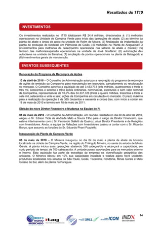 Resultados do 1T10


 INVESTIMENTOS

Os investimentos realizados no 1T10 totalizaram R$ 24,4 milhões, direcionados à: (1) melhorias
operacionais na Unidade de Campina Verde para início das operações de abate; (2) ao término da
planta de abate e áreas de apoio na unidade de Rolim de Moura; (3) finalização da implantação da
planta de produção de biodiesel em Palmeiras de Goiás; (4) melhorias na Planta de Araguaína/TO
(investimentos para melhorias de desempenho operacional nos setores de abate e miúdos); (5)
término das melhoria/expansão operacionais na unidade de José Bonifácio; (6) automação das
autoclaves na unidade de Barretos; (7) ampliação de pontos operacionais na planta de Batayporã; e
(8) investimentos gerais de manutenção.


 EVENTOS SUBSEQUENTES

Renovação do Programa de Recompra de Ações

13 de abril de 2010 – O Conselho de Administração autorizou a renovação do programa de recompra
de ações de emissão da Companhia para manutenção em tesouraria, cancelamento ou recolocação
no mercado. O Conselho aprovou a aquisição de até 3.433.773 (três milhões, quatrocentos e trinta e
três mil, setecentos e setenta e três) ações ordinárias, nominativas, escriturais e sem valor nominal
da Companhia, representativas de 10,0% das 34.337.726 (trinta e quatro milhões, trezentos e trinta e
sete mil, setecentos e vinte e seis) ações da Companhia em circulação no mercado. O prazo máximo
para a realização da operação é de 365 (trezentos e sessenta e cinco) dias, com início a contar em
18 de maio de 2010 e término em 18 de maio de 2011.

Eleição do novo Diretor Financeiro e Mudança na Equipe de RI

05 de maio de 2010 - O Conselho de Administração, em reunião realizada no dia 30 de abril de 2010,
elegeu o Sr. Edison Ticle de Andrade Melo e Souza Filho para o cargo de Diretor Financeiro, que
estava interinamente com o Sr. Fernando Galletti de Queiroz, atual Diretor Presidente e de Relações
com Investidores. Ainda, a equipe de Relações com Investidores passou a contar com o Sr. Ricardo
Bonzo, que assumiu as funções do Sr. Eduardo Pirani Puzziello.

Inauguração da Planta de Campina Verde

05 de maio de 2010 – O Minerva inaugurou no dia 04 de maio a planta de abate de bovinos
localizada na cidade de Campina Verde, na região do Triângulo Mineiro, no oeste do estado de Minas
Gerais. A planta iniciou suas operações abatendo 350 cabeças/dia e alcançará a capacidade, em
curto período de tempo, de 700 cabeças/dia. A unidade possui aprovações para os mercados externo
e interno. Esta aquisição faz parte da estratégia da empresa na diversificação geográfica das
unidades. O Minerva elevou em 10% sua capacidade instalada e totaliza agora nove unidades
produtivas localizadas nos estados de São Paulo, Goiás, Tocantins, Rondônia, Minas Gerais e Mato
Grosso do Sul, além da planta no Paraguai.




                                                                                                  14
 