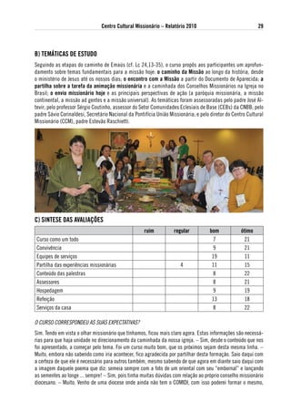 Centro Cultural Missionário – Relatório 2010                                29



B) teMátiCas de estudo
Seguindo as etapas do caminho de Emaús (cf. Lc 24,13-35), o curso propôs aos participantes um aprofun-
damento sobre temas fundamentais para a missão hoje: o caminho da Missão ao longo da história, desde
o ministério de Jesus até os nossos dias; o encontro com a Missão a partir do Documento de Aparecida; a
partilha sobre a tarefa da animação missionária e a caminhada dos Conselhos Missionários na Igreja no
Brasil; o envio missionário hoje e as principais perspectivas de ação (a paróquia missionária, a missão
continental, a missão ad gentes e a missão universal). As temáticas foram assessoradas pelo padre José Al-
tevir; pelo professor Sérgio Coutinho, assessor do Setor Comunidades Eclesiais de Base (CEBs) da CNBB; pelo
padre Sávio Corinaldesi, Secretário Nacional da Pontifícia União Missionária; e pelo diretor do Centro Cultural
Missionário (CCM), padre Estevão Raschietti.




C) siNtese das avaliaÇÕes
                                                     ruim          regular           bom            ótimo
 Curso como um todo                                                                   7              21
 Convivência                                                                          9              21
 Equipes de serviços                                                                  19              11
 Partilha das experiências missionárias                               4               11              15
 Conteúdo das palestras                                                               8              22
 Assessores                                                                           8              21
 Hospedagem                                                                           9              19
 Refeição                                                                             13              18
 Serviços da casa                                                                     8              22

O CURSO CORRESPONDEU AS SUAS ExPECTATIVAS?
Sim. Tendo em vista o olhar missionário que tínhamos, ficou mais claro agora. Estas informações são necessá-
rias para que haja unidade no direcionamento da caminhada da nossa igreja. – Sim, desde o conteúdo que nos
foi apresentado, a começar pelo tema. Foi um curso muito bom, que os próximos sejam desta mesma linha. –
Muito, embora não sabendo como iria acontecer, fico agradecida por partilhar desta formação. Saio daqui com
a certeza de que ele é necessário para outros também, mesmo sabendo de que agora em diante saio daqui com
a imagem daquele poema que diz: semeia sempre com a foto de um oriental com seu “embornal” e lançando
as sementes ao longe ... sempre! – Sim, pois tinha muitas dúvidas com relação ao próprio conselho missionário
diocesano. – Muito. Venho de uma diocese onde ainda não tem o COMIDI, com isso poderei formar o mesmo,
 