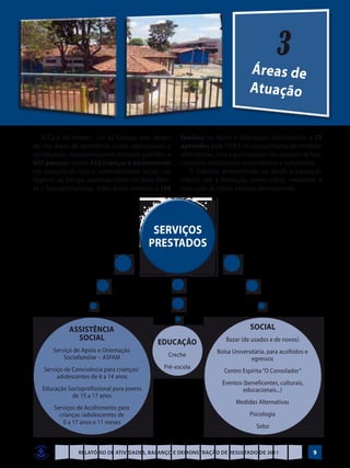 3
                                                                                Áre a s d e
                                                                                Atuação


   A Casa de Ismael – Lar da Criança vem atuan-       famílias no Apoio e Orientação Sociofamiliar e 23
do nas áreas de assistência social, educacional e     apenados pelo TJDFT no cumprimento de medidas
socialização, disponibilizando serviços gratuitos a   alternativas, com a participação das equipes de fun-
601 pessoas, sendo 410 crianças e adolescentes        cionários, estudantes universitários e voluntários
em situação de risco e vulnerabilidade social, nos       O trabalho desenvolvido vai desde a educação
regimes de Abrigo, Socioeducativo em Meio Aber-       infantil até a formação universitária, mediante a
to e Socioprofissional. Além disso, atendeu a 168     execução de vários serviços permanentes.




                                             Serviços
                                            Prestados




             Assistência                                                        Social
               Social                                                 Bazar (de usados e de novos)
                                              EDUCAÇÃO
       Serviço de Apoio e Orientação                               Bolsa Universitária, para acolhidos e
           Sociofamiliar – ASFAM                  Creche
                                                                                egressos
    Serviço de Convivência para crianças/       Pré-escola
                                                                      Centro Espírita “O Consolador”
         adolescentes de 6 a 14 anos
                                                                     Eventos (beneficentes, culturais,
   Educação Socioprofissional para jovens                                    educacionais...)
             de 15 a 17 anos
                                                                          Medidas Alternativas
       Serviços de Acolhimento para
         crianças /adolescentes de                                              Psicologia
           0 a 17 anos e 11 meses
                                                                                   Sebo



                 Relatório de Atividades, Balanço e Demonstração de Resultado de 2011                      9
 