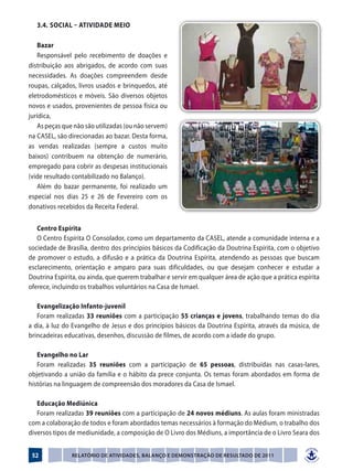 3.4.	 Social – Atividade Meio

    Bazar
    Responsável pelo recebimento de doações e
distribuição aos abrigados, de acordo com suas
necessidades. As doações compreendem desde
roupas, calçados, livros usados e brinquedos, até
eletrodomésticos e móveis. São diversos objetos
novos e usados, provenientes de pessoa física ou
jurídica,
    As peças que não são utilizadas (ou não servem)
na CASEL, são direcionadas ao bazar. Desta forma,
as vendas realizadas (sempre a custos muito
baixos) contribuem na obtenção de numerário,
empregado para cobrir as despesas institucionais
(vide resultado contabilizado no Balanço).
    Além do bazar permanente, foi realizado um
especial nos dias 25 e 26 de Fevereiro com os
donativos recebidos da Receita Federal.


   Centro Espírita
   O Centro Espírita O Consolador, como um departamento da CASEL, atende a comunidade interna e a
sociedade de Brasília, dentro dos princípios básicos da Codificação da Doutrina Espírita, com o objetivo
de promover o estudo, a difusão e a prática da Doutrina Espírita, atendendo as pessoas que buscam
esclarecimento, orientação e amparo para suas dificuldades, ou que desejam conhecer e estudar a
Doutrina Espírita, ou ainda, que querem trabalhar e servir em qualquer área de ação que a prática espírita
oferece, incluindo os trabalhos voluntários na Casa de Ismael.

   Evangelização Infanto-juvenil
   Foram realizadas 33 reuniões com a participação 55 crianças e jovens, trabalhando temas do dia
a dia, à luz do Evangelho de Jesus e dos princípios básicos da Doutrina Espírita, através da música, de
brincadeiras educativas, desenhos, discussão de filmes, de acordo com a idade do grupo.

   Evangelho no Lar
   Foram realizadas 35 reuniões com a participação de 65 pessoas, distribuídas nas casas-lares,
objetivando a união da família e o hábito da prece conjunta. Os temas foram abordados em forma de
histórias na linguagem de compreensão dos moradores da Casa de Ismael.

   Educação Mediúnica
   Foram realizadas 39 reuniões com a participação de 24 novos médiuns. As aulas foram ministradas
com a colaboração de todos e foram abordados temas necessários à formação do Médium, o trabalho dos
diversos tipos de mediunidade, a composição de O Livro dos Médiuns, a importância de o Livro Seara dos


 52            Relatório de Atividades, Balanço e Demonstração de Resultado de 2011
 