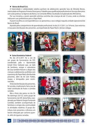 ►	 Banco do Brasil S.A.
   A fraternidade e solidariedade natalina partiram da adolescente aprendiz Sara de Almeida Breves,
matriculada no Programa Primeiro Passo para o Trabalho para qualificação profissional em Serviços Bancários
com aulas práticas na Agencia do Banco, no Comando Militar, localizada na Esplanada dos Ministérios.
   Por sua iniciativa, a jovem aprendiz solicitou cartinhas das crianças de até 12 anos, onde os infantes
indicaram suas preferências para o Papai Noel.
   A jovem recolheu as correspondências e as apresentou a seus colegas naquela unidade operacional do
Banco do Brasil.
   Apoiada pelos companheiros de aprendizado profissional, no dia 23.12.2011, ás 16 horas, Sara retornou
à Casa para distribuição dos presentes, acompanhada do Papai Noel e demais colegas.




    ►	Caixa Econômica Federal
    No dia 24.12.2011 foi a vez de
um grupo de funcionários da CEF,
coordenado pelo o Aposentado
Ismael Artur Galeazze que, ao lado
de familiares, amigos e voluntários
da Casa também fizeram a alegria das
crianças e adolescentes acolhidos com
a presença do Papai Noel, distribuindo
presentes, além de kit com fraldas,
roupas e brinquedos para recém-
nascidos.
    Antes da distribuição dos presentes,
foi servida a tradicional e farta ceia de
natal constituída de frutas e comidas
variadas.
    Mas a festa não parou no dia 24.
No domingo (25/12), outro grupo de
funcionários da CEF, desta feita, coor-
denado por Roberto Sergio Fontenele
Candido, também acompanhado de
familiares e amigos deu continuidade
ás atividades natalinas. O grupo dis-
tribuiu mais presentes e ofereceu um
lanche reforçado por cachorro quen-
te, além de iguarias variadas.


 60              Relatório de Atividades, Balanço e Demonstração de Resultado de 2011
 